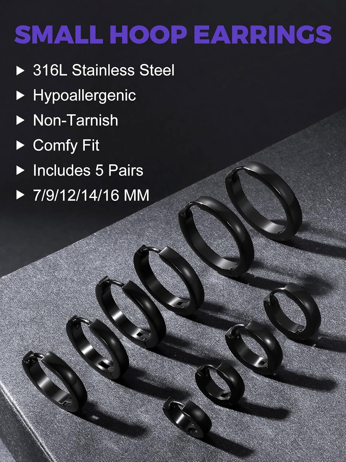 Richsteel Stainless Steel Small Hoop Earrings 3/5 Pairs Sets for Men Women, Hypoallergenic 316l Huggie Hoop Earring Gold/Silver/Black, Piercing Jewelry Set 7/9/12/14/16mm with Gift Box