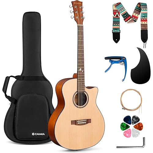 CAHAYA Acoustic Guitar Beginner Set - 41" Full Size Spruce Top Mahogany Body with Okoume Neck Rosewood Fingerboard, GA Cutaway Design, Balanced Rich Tone with Gig Bag, Strap, Capo, Strings & Picks
