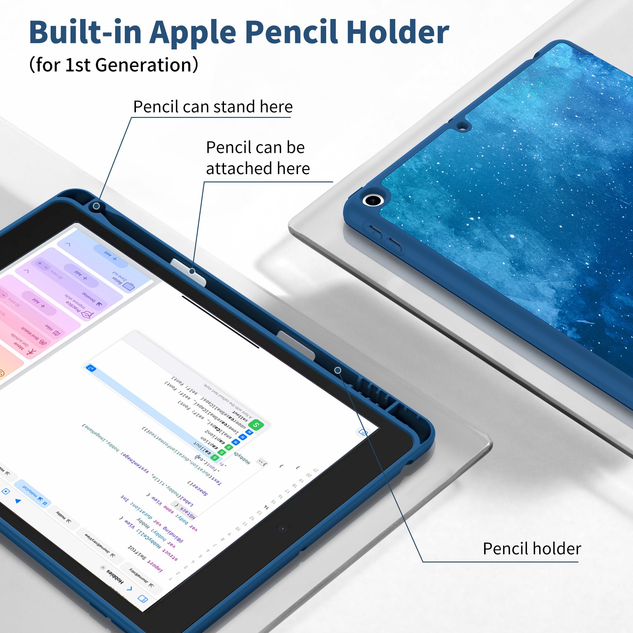 CACOE Cover Custodia Compatibile con iPad 8a Generazione 2020/iPad 7a Gen 2019, Leggero Cover Protettivo Supporto Pieghevole con Pencil Holder per iPad 10.2, Stella Blu