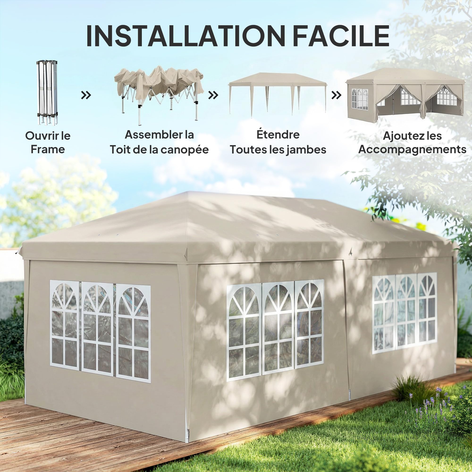 Outsunny Tonnelle de Jardin 3x6m Barnum Pliant avec Côtés Amovibles - Tente de Réception Structure en Acier Renforcée - Abri de Jardin Pop-up pour Mariage, Fête et Marché, Sac de Transport, Beige
