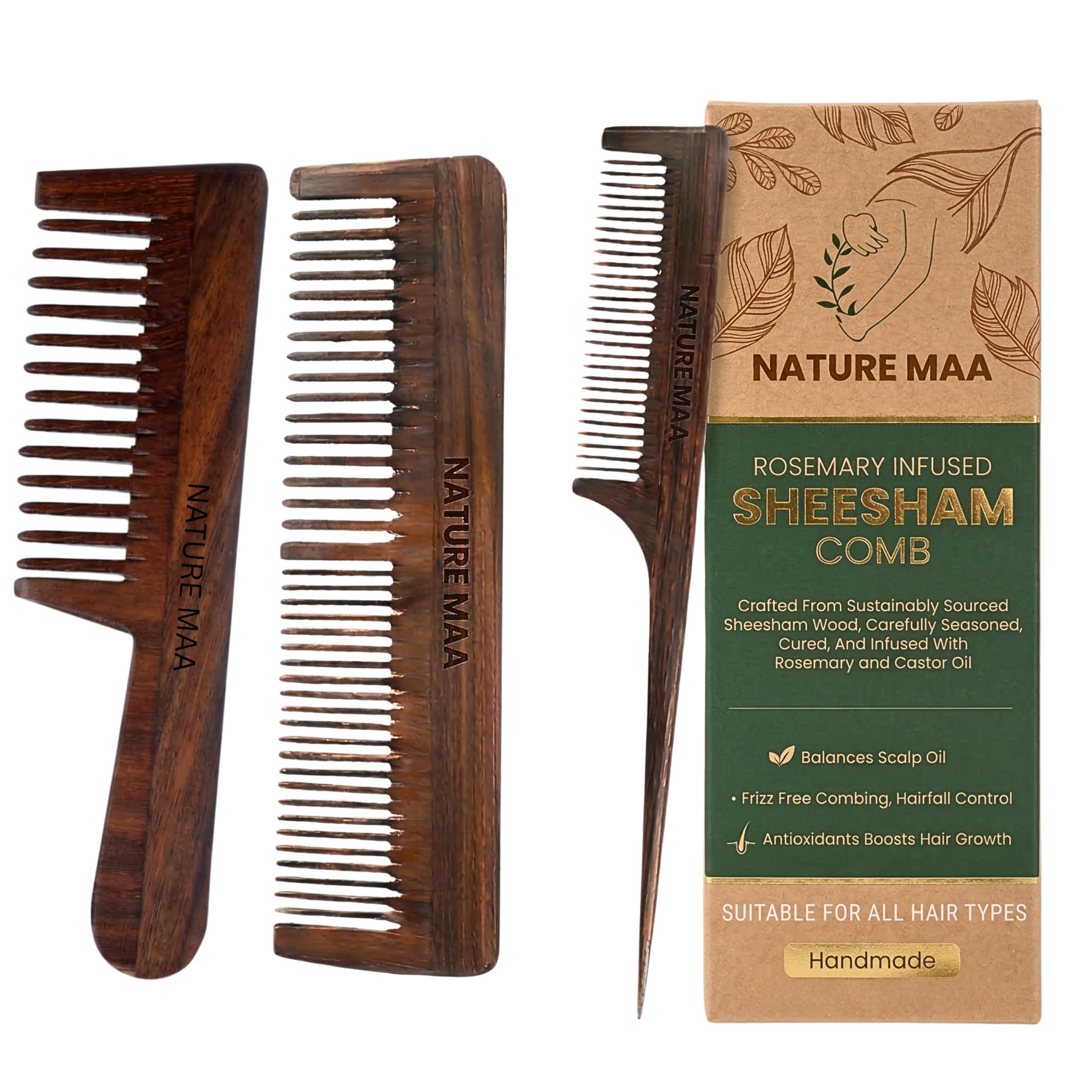 Rosewood Wooden Comb Set Pack of 3, Wide Tooth Curved Handle Hair Comb, Rosemary Infused Anti Static Detangling Comb for Men Women-image-14