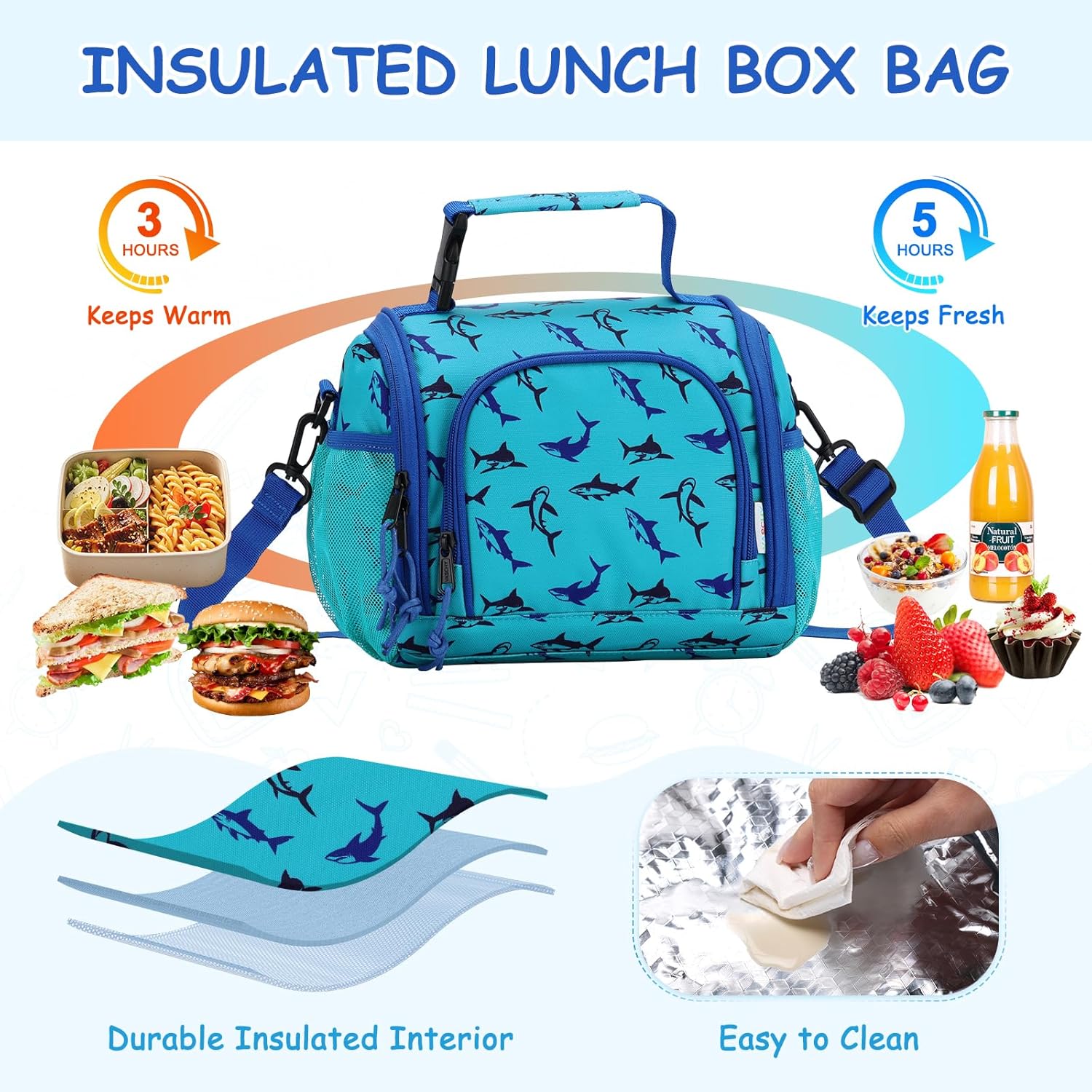 VASCHY Lunch Bag for Kids, Boys Cute Reusable Insulated Large Lunch Box Container for Preschool Daycare School Kindergarten Blue Sharks
