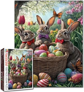 Cute Easter Bunnies and Colorful Eggs 1000 Piece Puzzle,Forest Rabbit Jigsaw Puzzle for Adults 1000 Pieces,Natural Plants Puzzles Art Family Game,Adult Puzzle