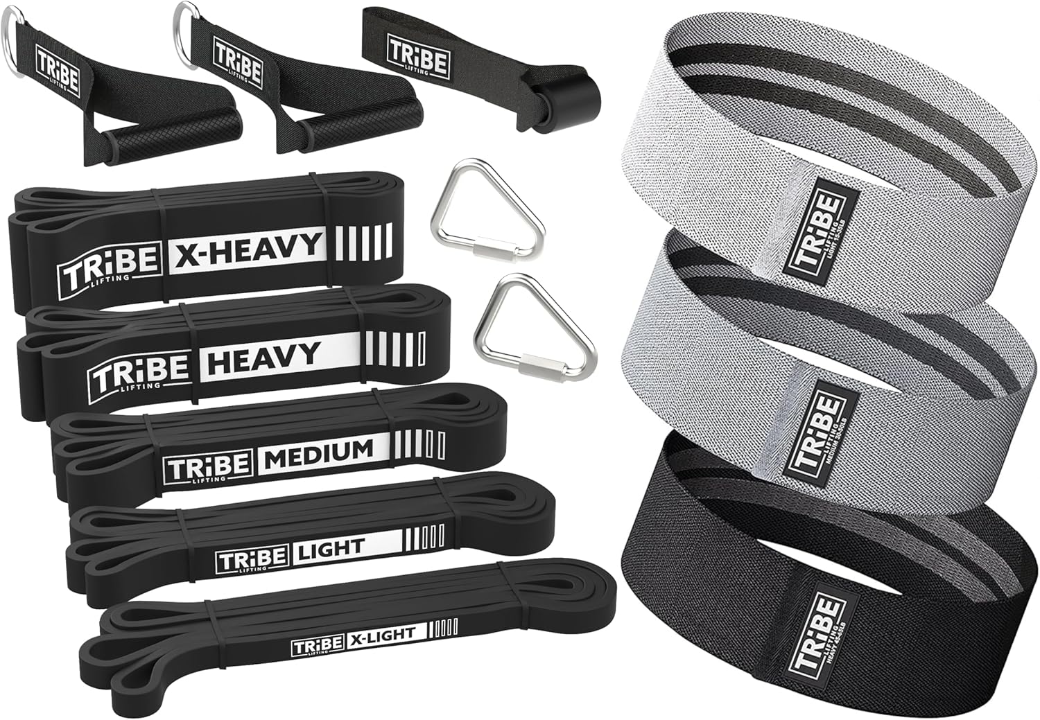 Long Resistance Bands Set of 5 Pull-Up Bands, Rubber Handles, Door Anchor and a Set of 3 Fabric Resistance Bands for Working Out (Grey)
