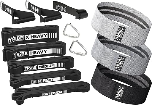 Long Resistance Bands Set of 5 Pull-Up Bands, Rubber Handles, Door Anchor and a Set of 3 Fabric Resistance Bands for Working Out Grey
