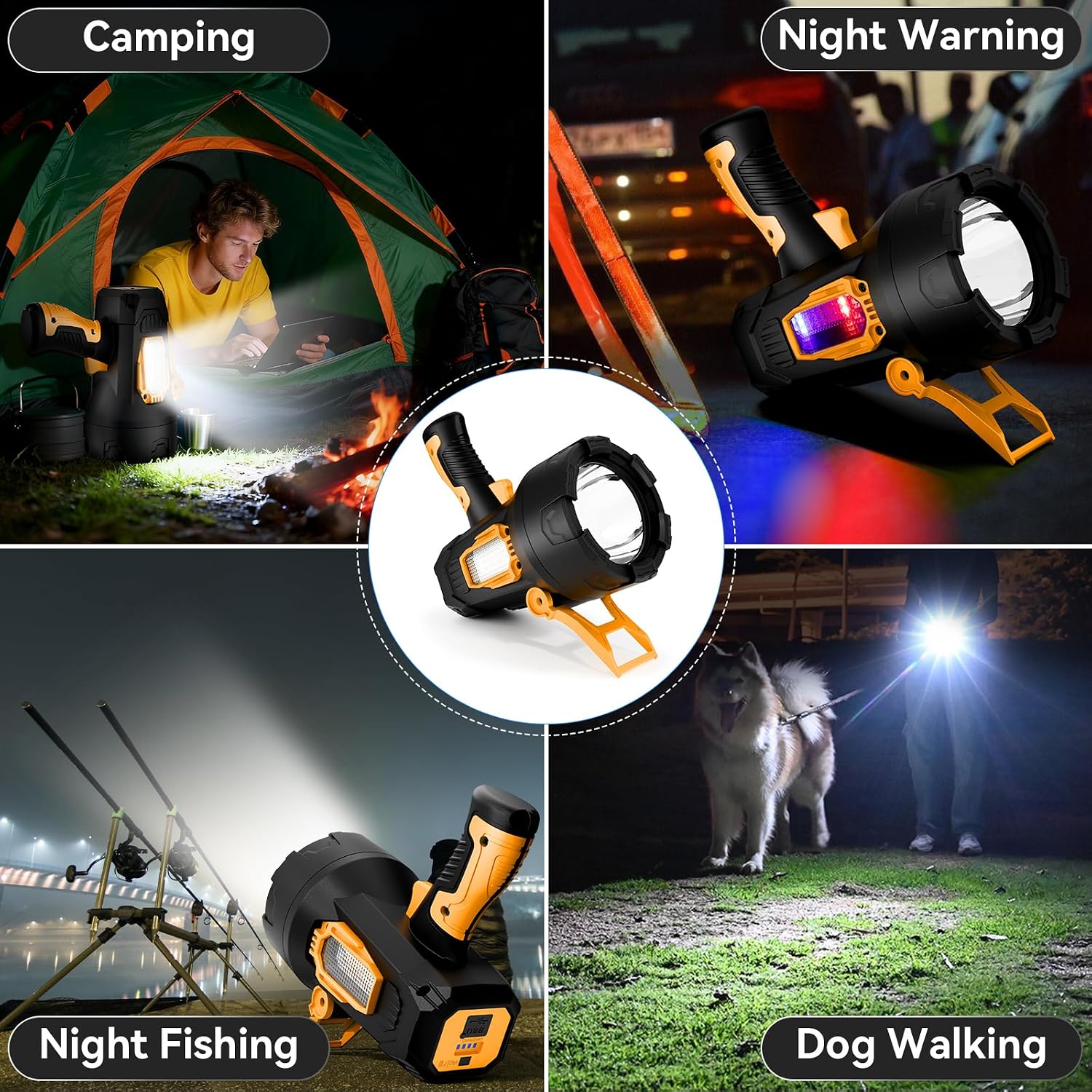 Rechargeable Spotlight Flashlight，2000000 Lumens Super Bright LED Handheld SpotLights, Waterproof 10000ɱAh Long Runtime Spot Lights for Boating, Hunting, and Camping Outdoor Yellow