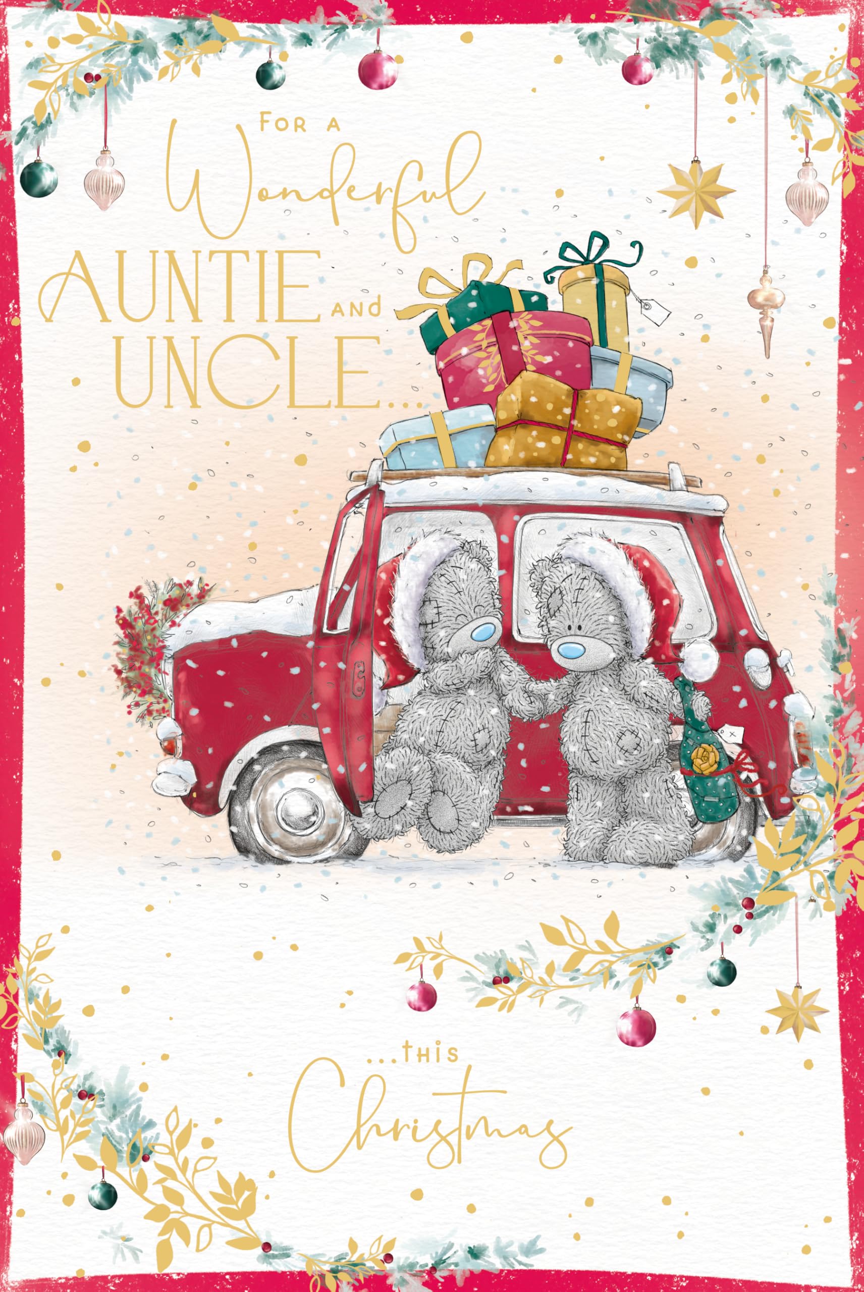 Me To You Tatty Teddy Christmas Card To A Wonderful Auntie And Uncle, With Tatty Teddy Bears Holding Hands By A Car 15.2 x 22.8 cm - Official Collection