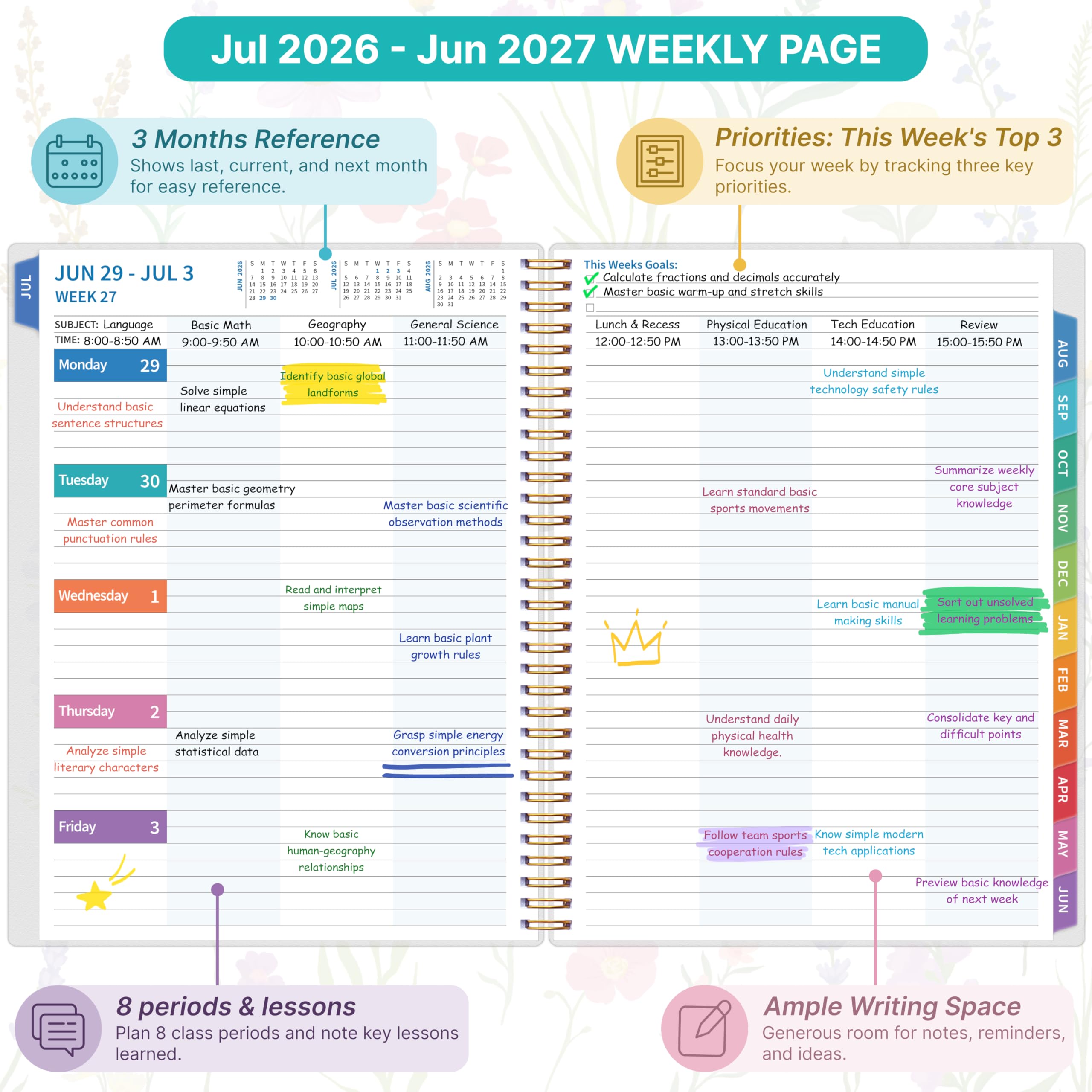 Lehrerplaner 2026–2027, Lehrerplaner für das akademische Jahr, Juli 2026–Juni 2027, Unterrichtsplaner 2026–2027, Homeschool Planbuch, 21,6 x 27,9 cm mit Registerkarten und Tasche, flexibler Einband