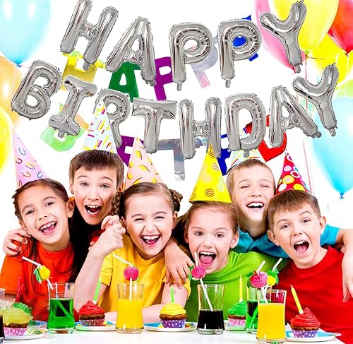 Miniatura 2 de KALOR Pancarta de Globos Plateados de Feliz Cumpleaños, Letras de Globos de Papel de Aluminio Mylar de 16 Pulgadas para Decoraciones de Fiesta de