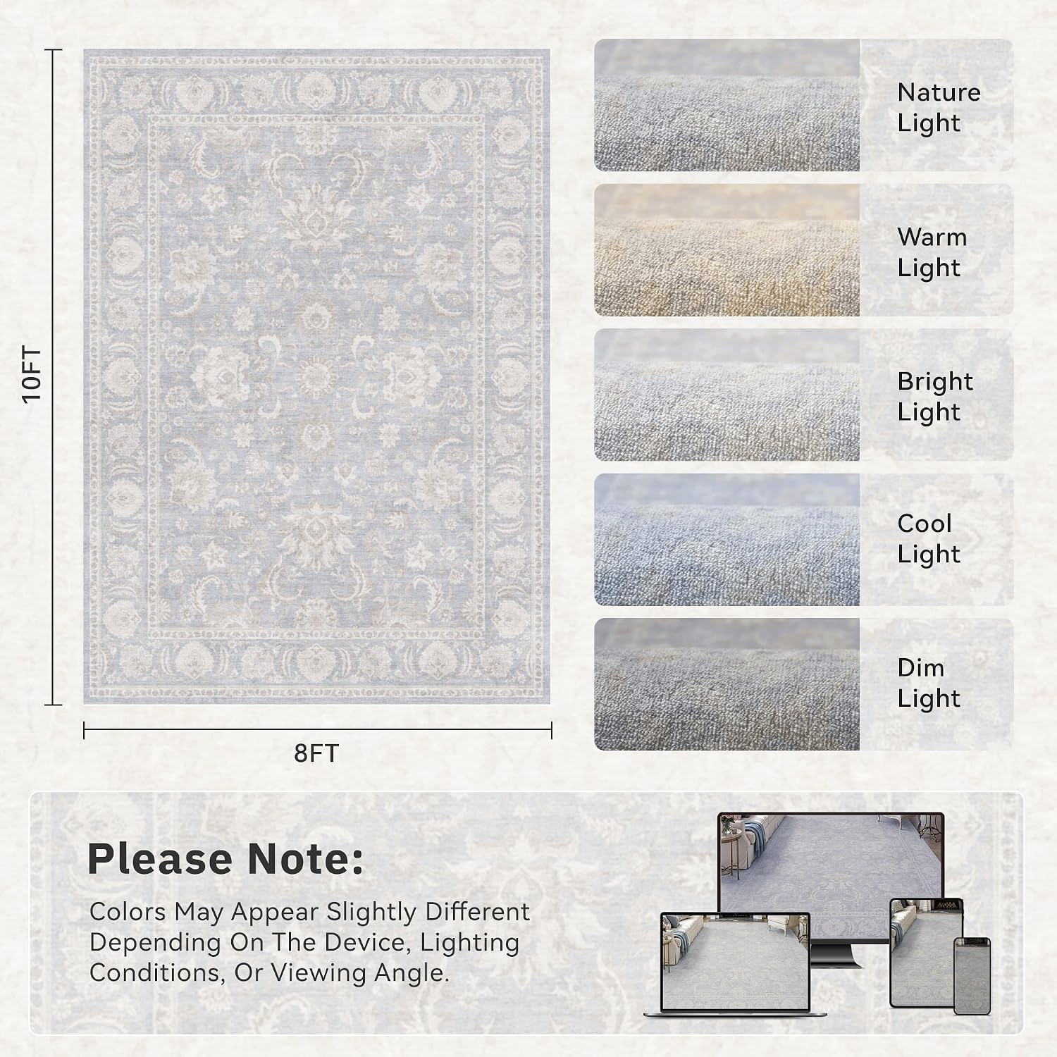 RESARE Washable Area Rug 8x10 Neutral Rugs for Living Room Bedroom, Blue image 2