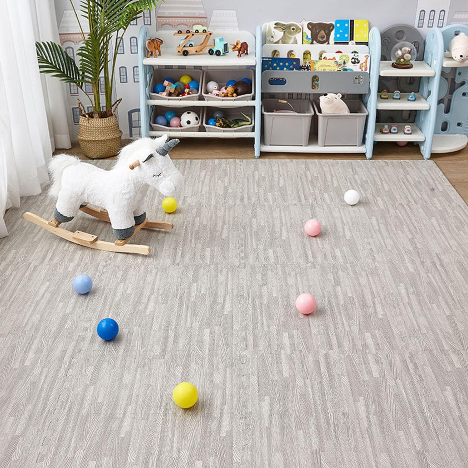 16 Tile EVA Foam Interlocking Carpet Tiles, Thick and Soft Printed Wood Grain Squares Carpet Floor Tile - (3/8-Inch Wood Grain Grey）