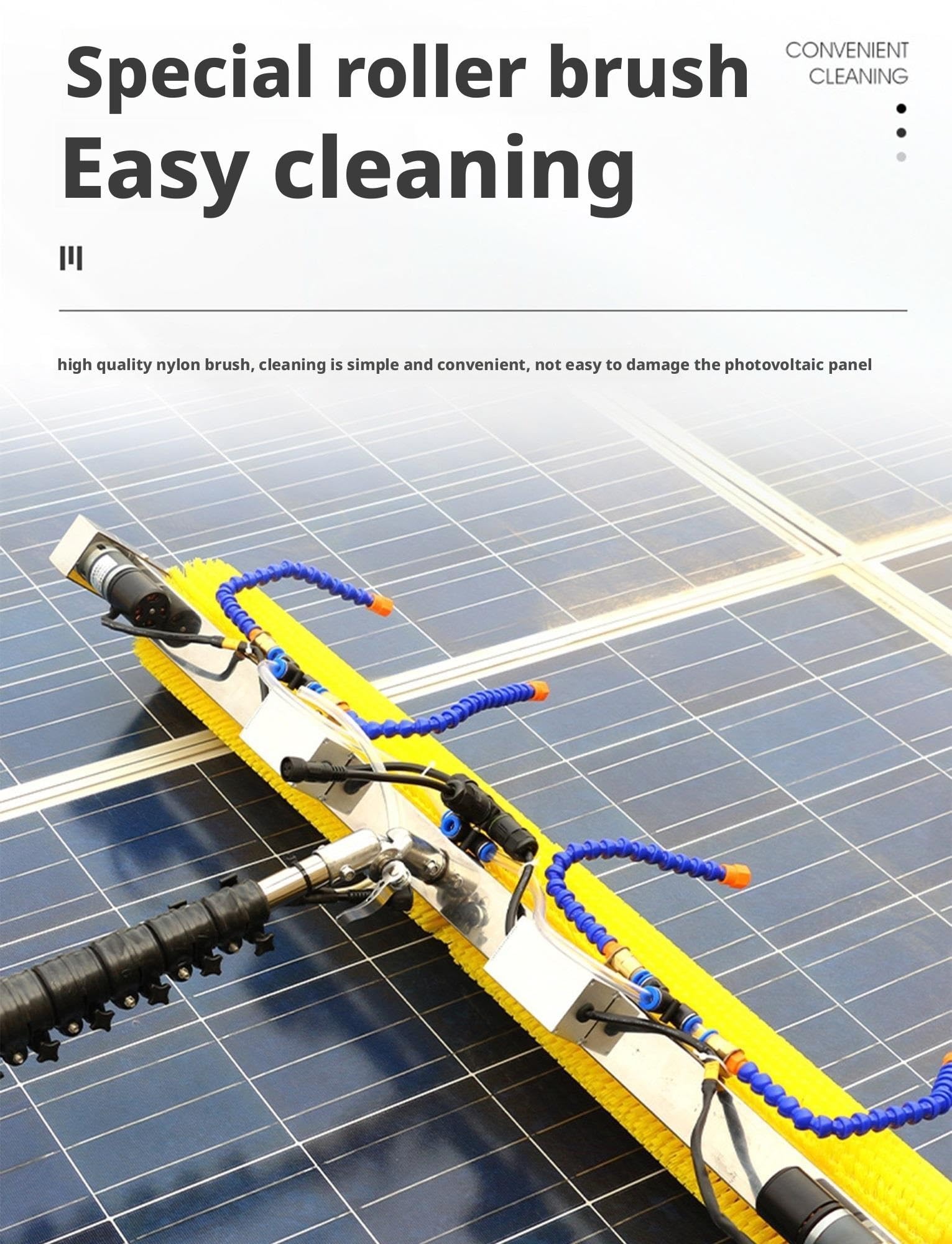 Robot eléctrico de Limpieza de Paneles solares con pértiga telescópica y Cepillo de Agua para un Mantenimiento eficiente de módulos solares y Ventanas Exteriores.