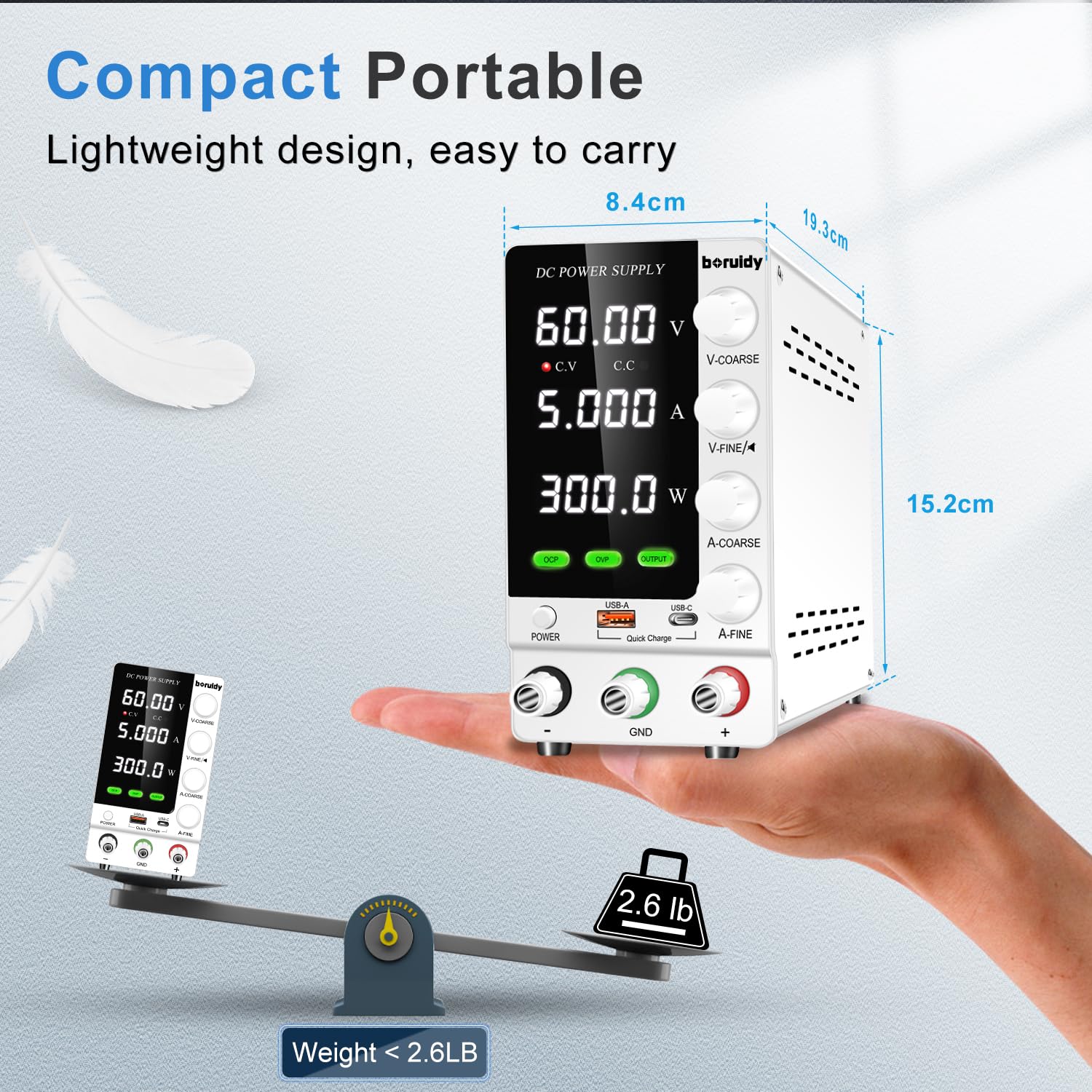 Alimentatore da Labotorio Alimentatore Stabilizzato Banco 60V 5A, Alimentatore DC Regolabile da Display LED a 4 Cifre, con Porta di Ricarica 18W USB, Pulsante OUTPUT, Manopola Encoder