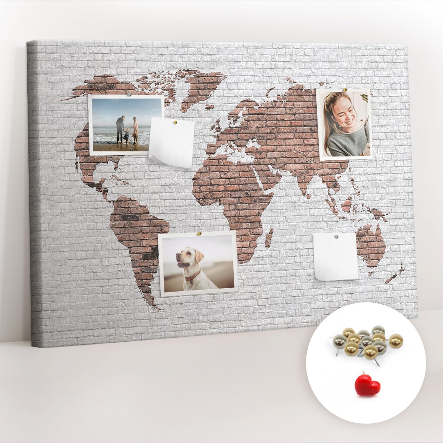 Lavagna in sughero orizzontale grande | pannello murale multifunzione per ufficio scuola casa | pianificazione progetti note foto e idee - 100x70 - metallico - Mappa del mondo in mattoni