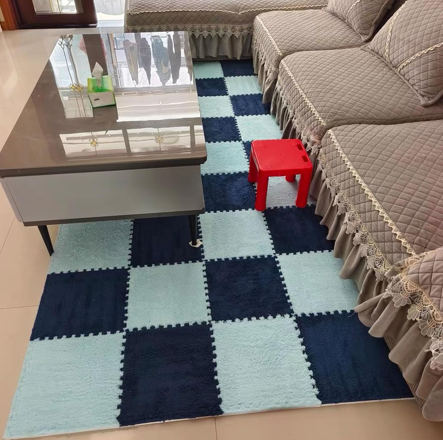 16 Pcs Kids Foam Interlocking Carpet Tiles with Border, Thick Carpet Squares Plush Floor Playmats Baby Crawling Rug - 49" x 49" (Navy Blue, 16 Tiles)