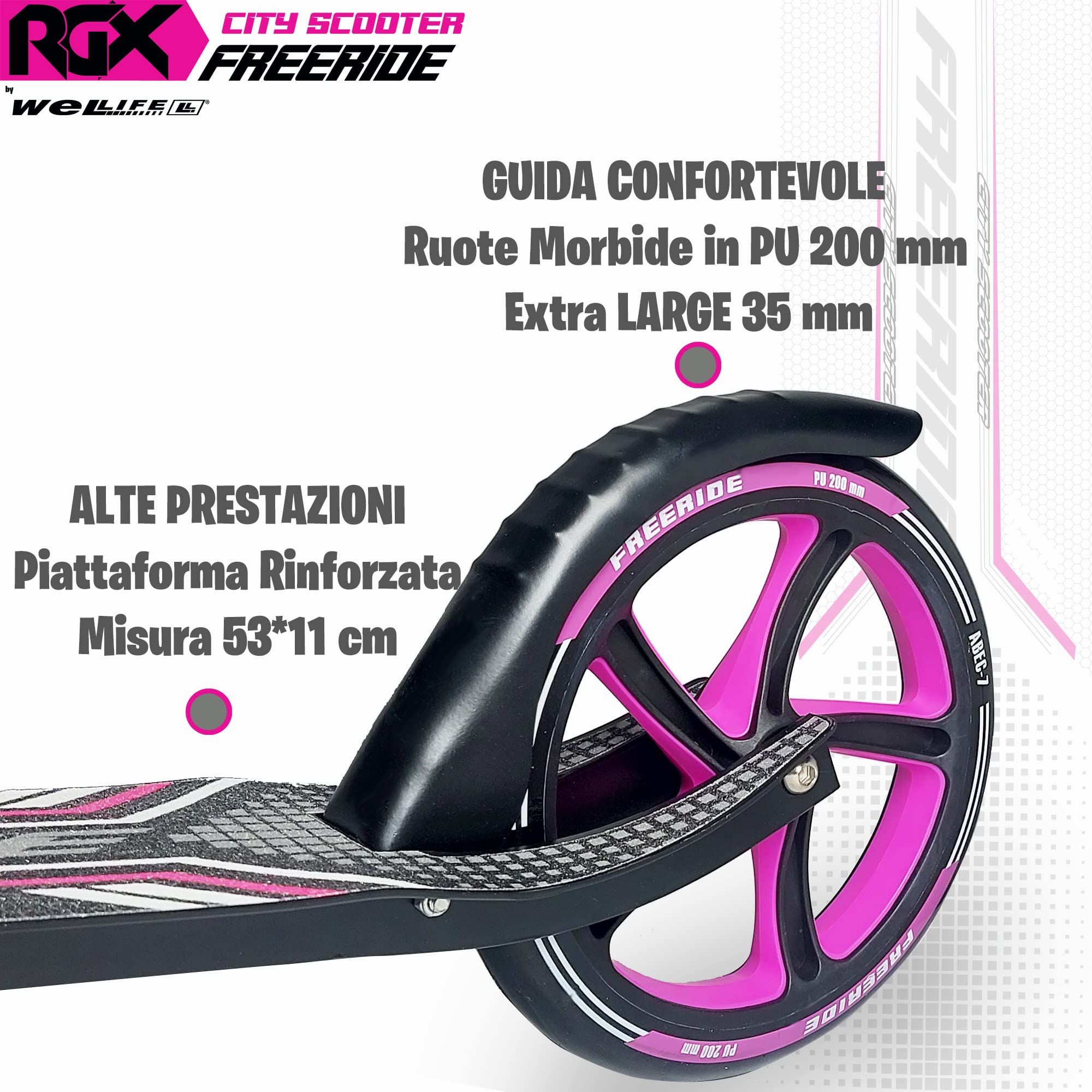 WeLLIFE Monopattini Freeride RGX - Monopattino Ruote Grandi 200mm con Sospensione Anteriore, Monopattino a Spinta per Adulti e Bambini, City Scooter Pieghevole