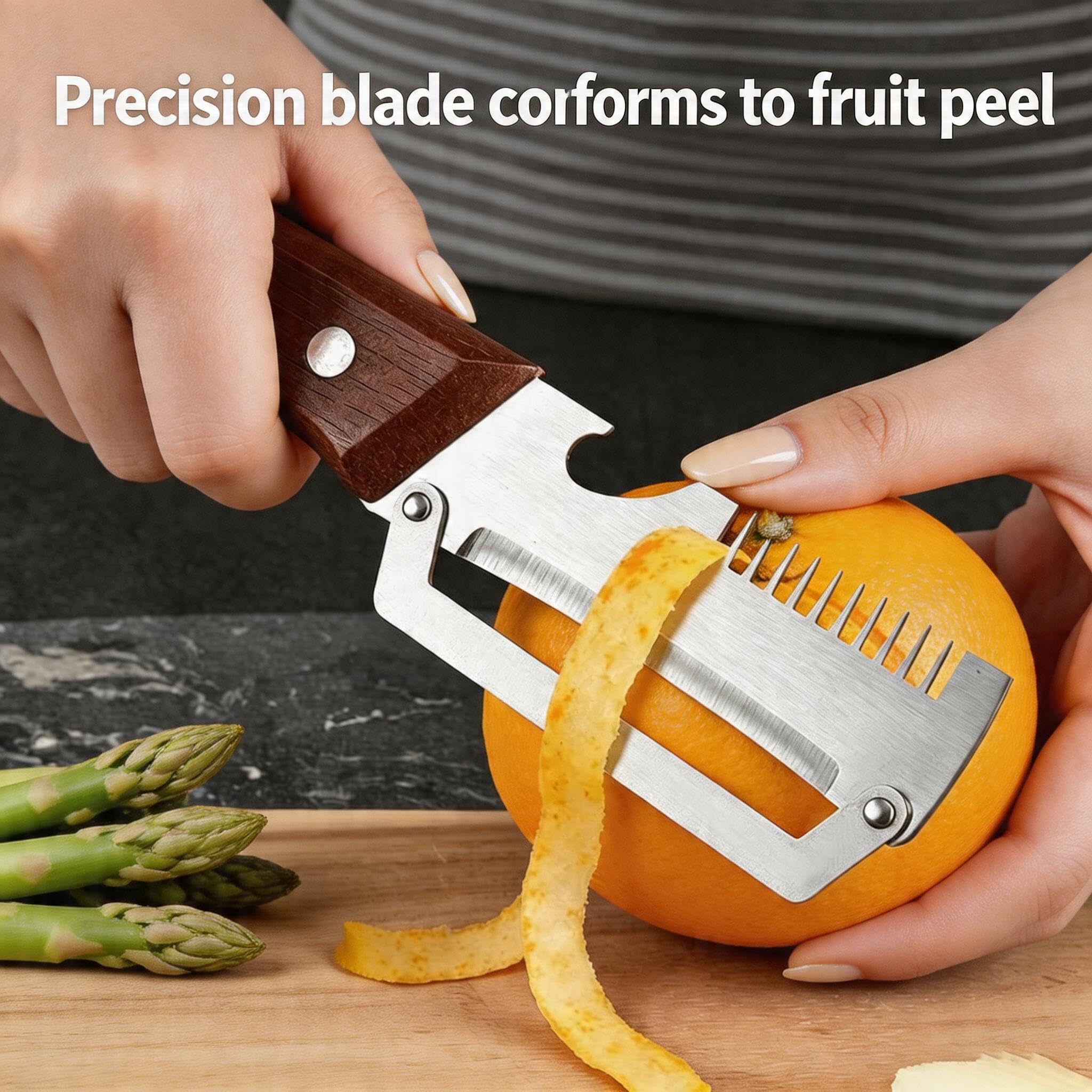 Strumento multifunzionale per cucina 3-in-1 Pelapatate Affettacipolle Apriscatole in acciaio antiruggine manico ergonomico legno