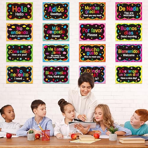 Miniatura 5 de Juego de 16 carteles con palabras y frases en español, decoraciones de aula y materiales de estudio para profesores y preescolar, brillante