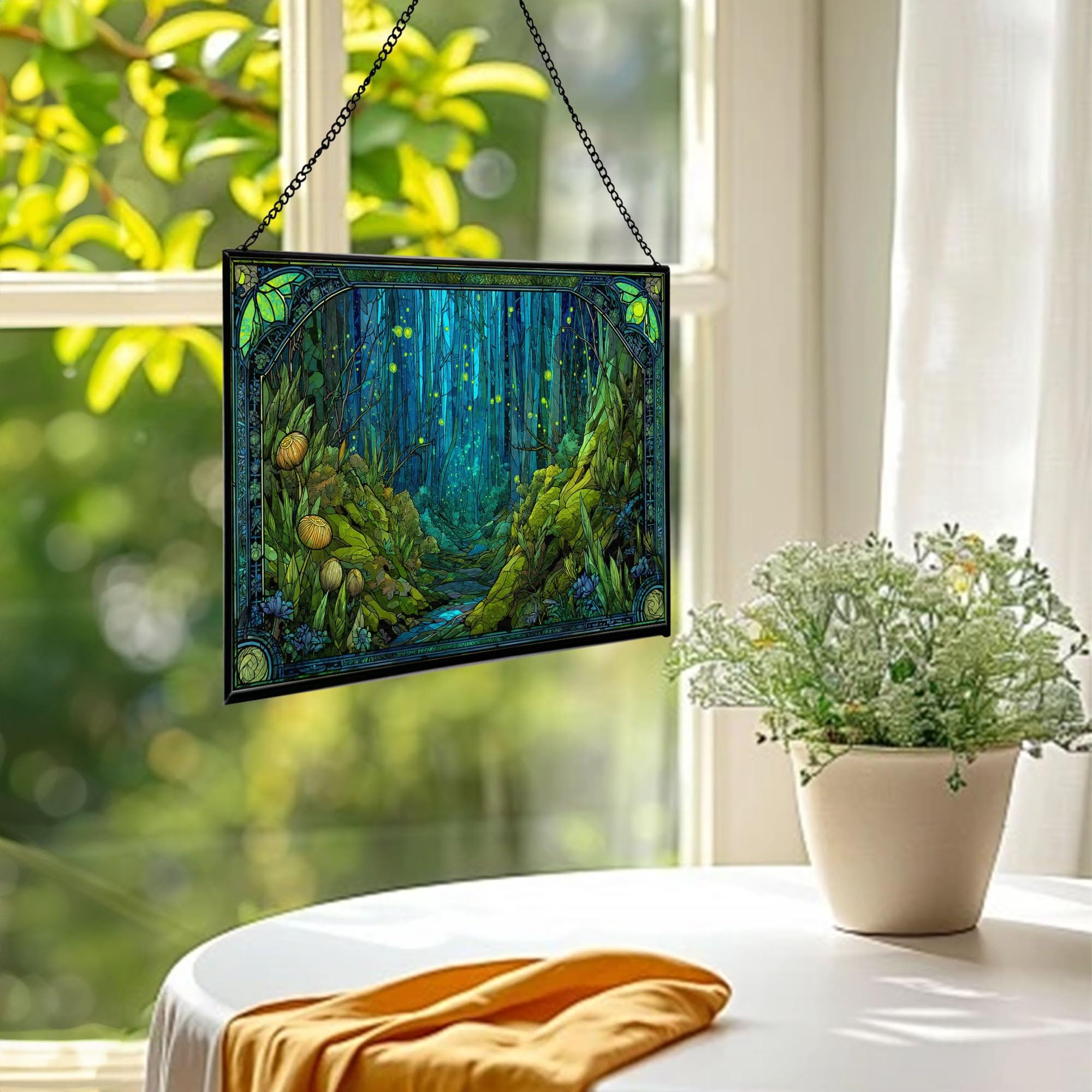 Glowworms Illuminating Forest Hollow Rectangular Stained Glass Suncatcher – Hanging Window Panel with Animal & Nature Scene – Vibrant Glass Art Gift for Wildlife, Fantasy, Nature Lovers jO0uh1