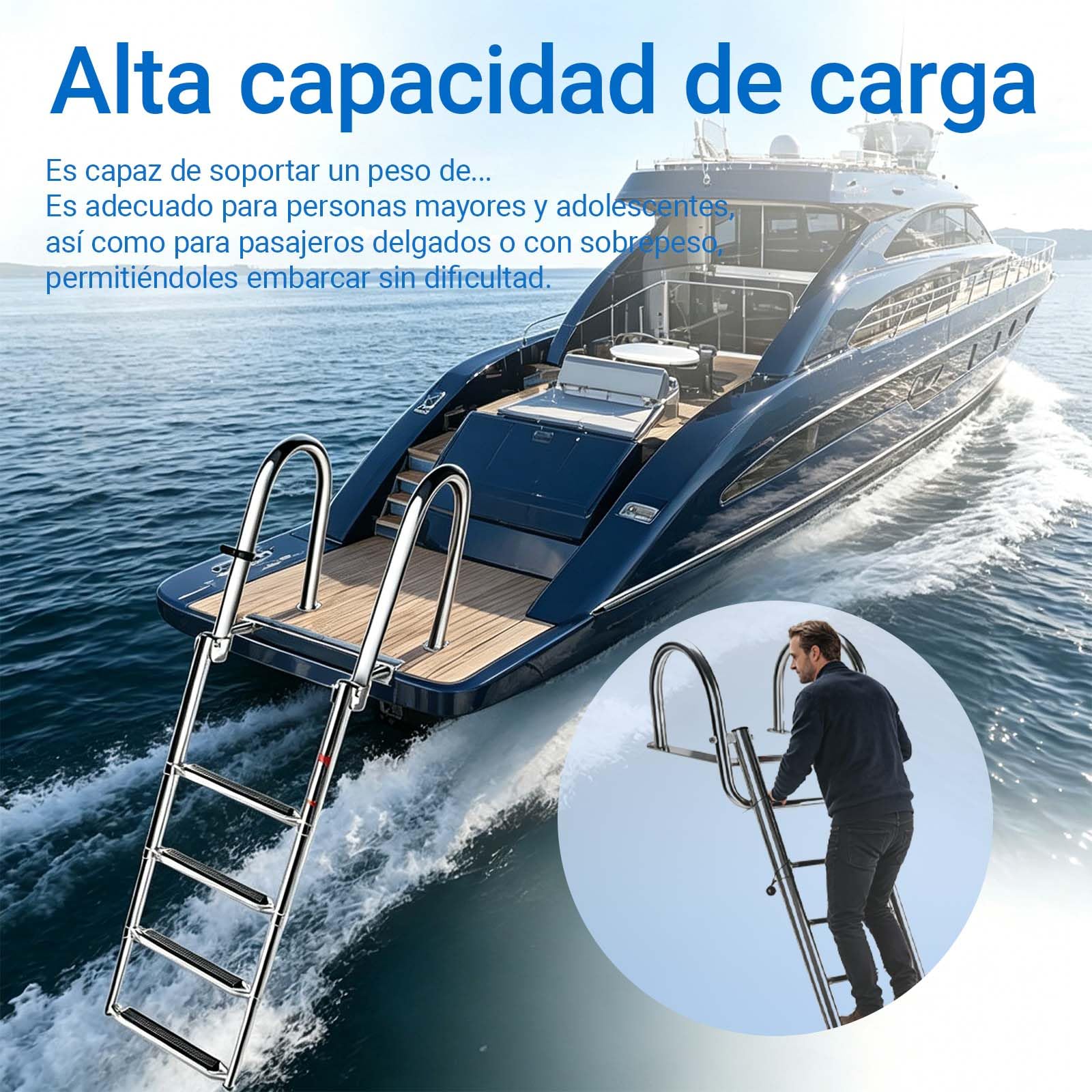 Escalera Piscina Escalera, de 3 escalones, con Acabado Pulido, Diseño Plegable, Pedales Anchos Antideslizantes, Asas Arqueadas para Barcos, Yates, Muelles.