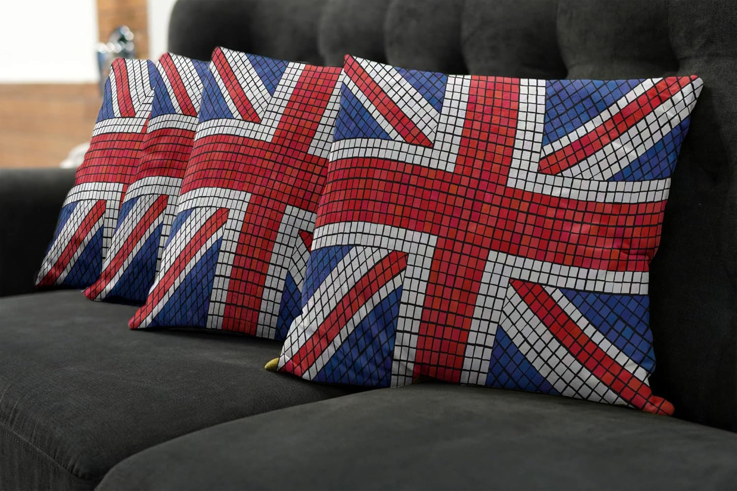 Ambesonne Union Jack Decorative Throw Pillow Case Pack of 4, Mosaic Tiles Inspired Design British Flag National Identity Culture, Cushion Cover for Couch Living Room Car, 24", Blue White