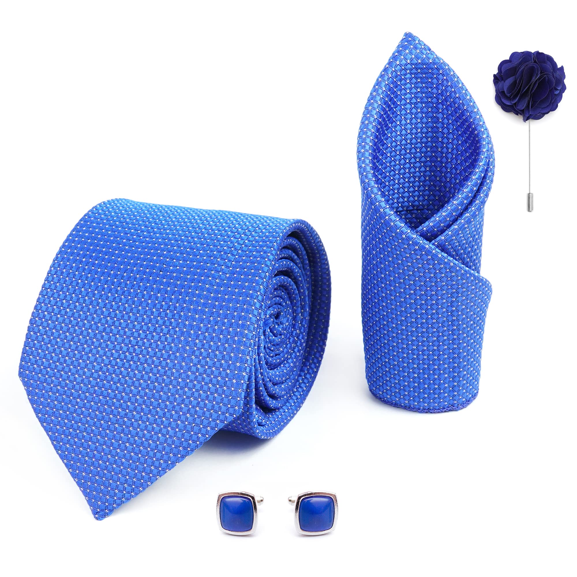 axlon Mens Plaid Dotted Silk Necktie Gift Set With Pocket Square Cufflinks & Brooch Pin Tie For Men Formal With Leatherite Box (A10RX Free Size) | (Leather Gift Box) (Pack of 4)-picture-20