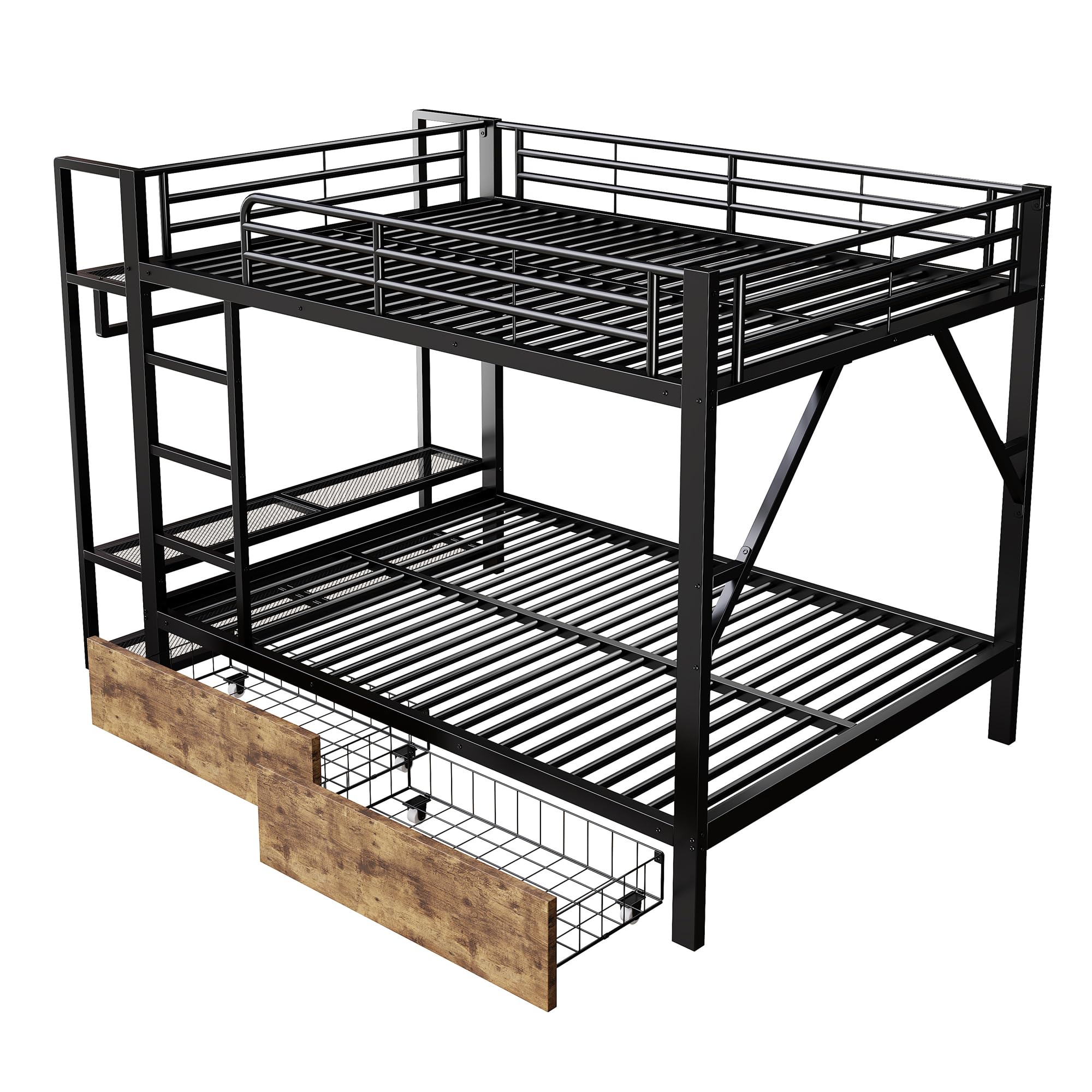 Letto a castello, 140 x 200 cm, telaio in ferro, 2 cassetti, ripiani multipli, con asta, materasso non incluso (nero)