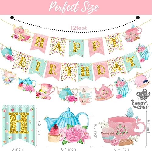 Miniatura 3 de Cartel floral para fiesta de cumpleaños con texto en inglés Happy Birthday, decoración colgante para fiesta de té, 3 pancartas recortadas para