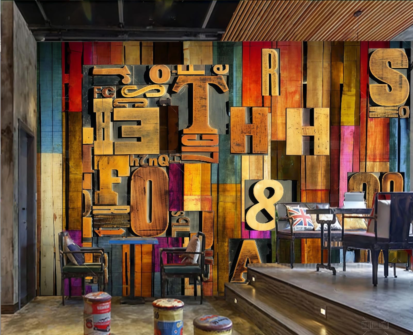 Papel pintado retro de letras y madera para bar y cafetería de 150x105 cm