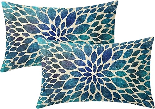 Juego de 2 fundas de almohada de dalia verde azulado primaveral de 12 x 20 pulgadas, fundas de almohada lumbares florales de color azul marino,