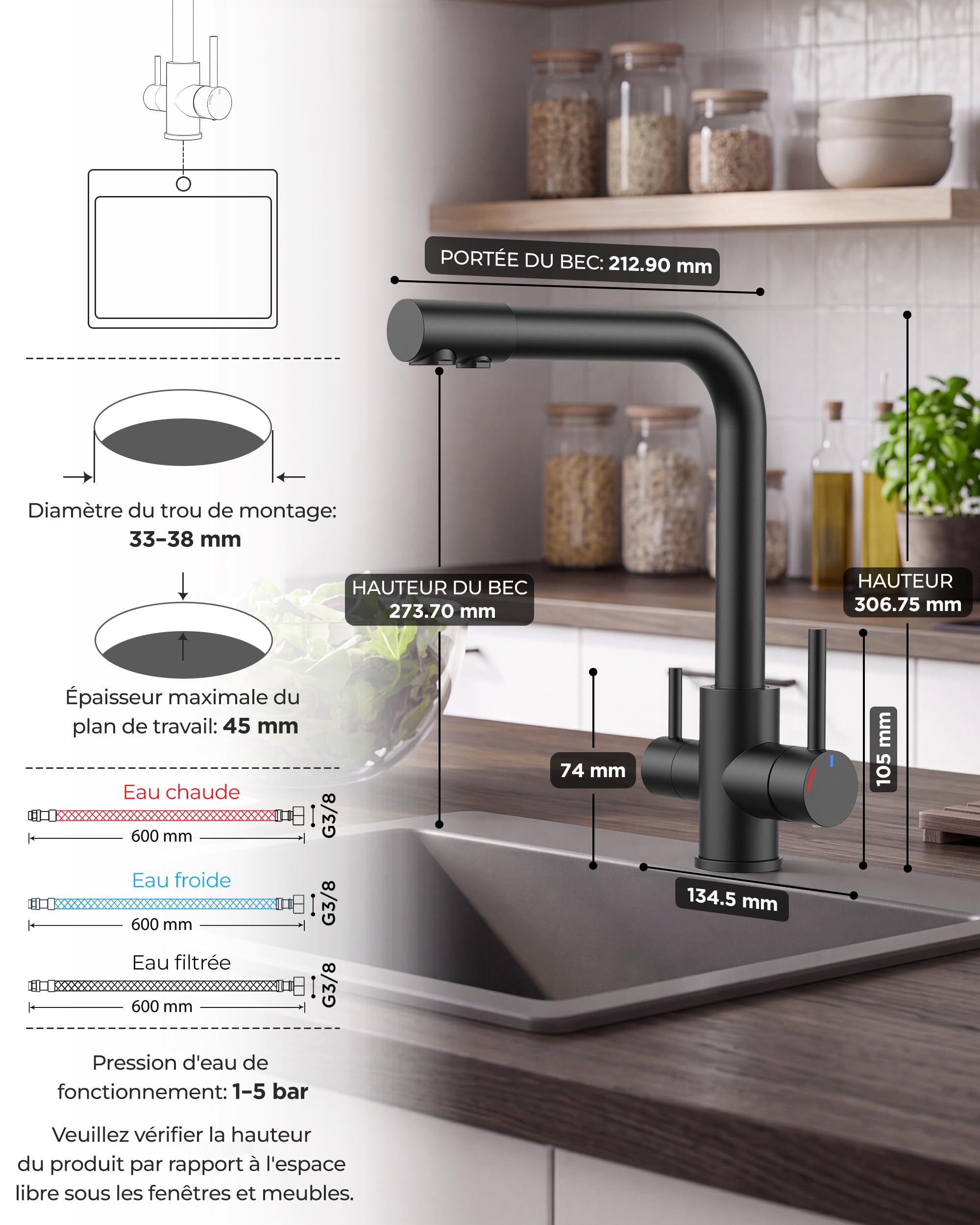 FORIOUS Robinet Cuisine 3 Voies, Double levier, Noir Mat