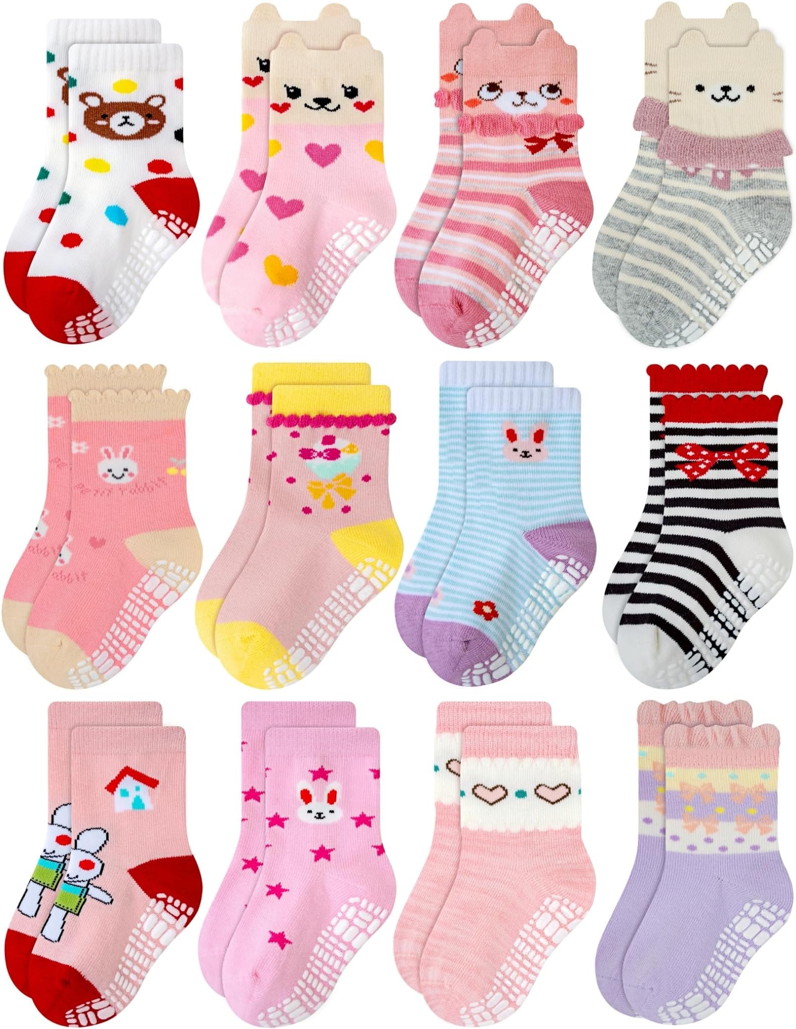 Non Skid Anti Slip Cotton Dress Crew Socks With Grips For Baby Infant Toddler Kids Girls