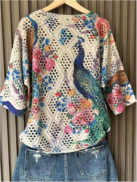 Verdusa Women's Crochet Beach Summer Sweater 3/4 Length Sleeve Boho Tops