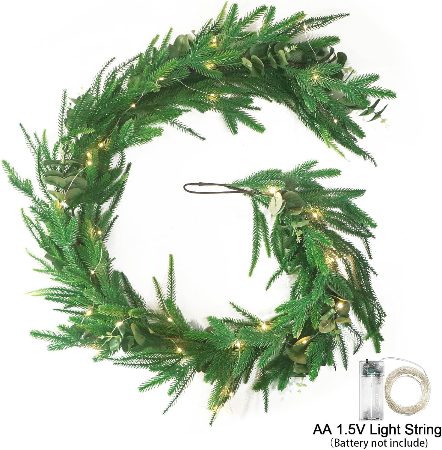 Norfolk Pine Eucalyptus Garlands with Light String, 6Ft Artificial Soft Christmas Pine Garland, Real Touch Greenery Garland for Table, Mantle, Staires, Premium Indoor/Outdoor Christmas Decorations. - Image 2