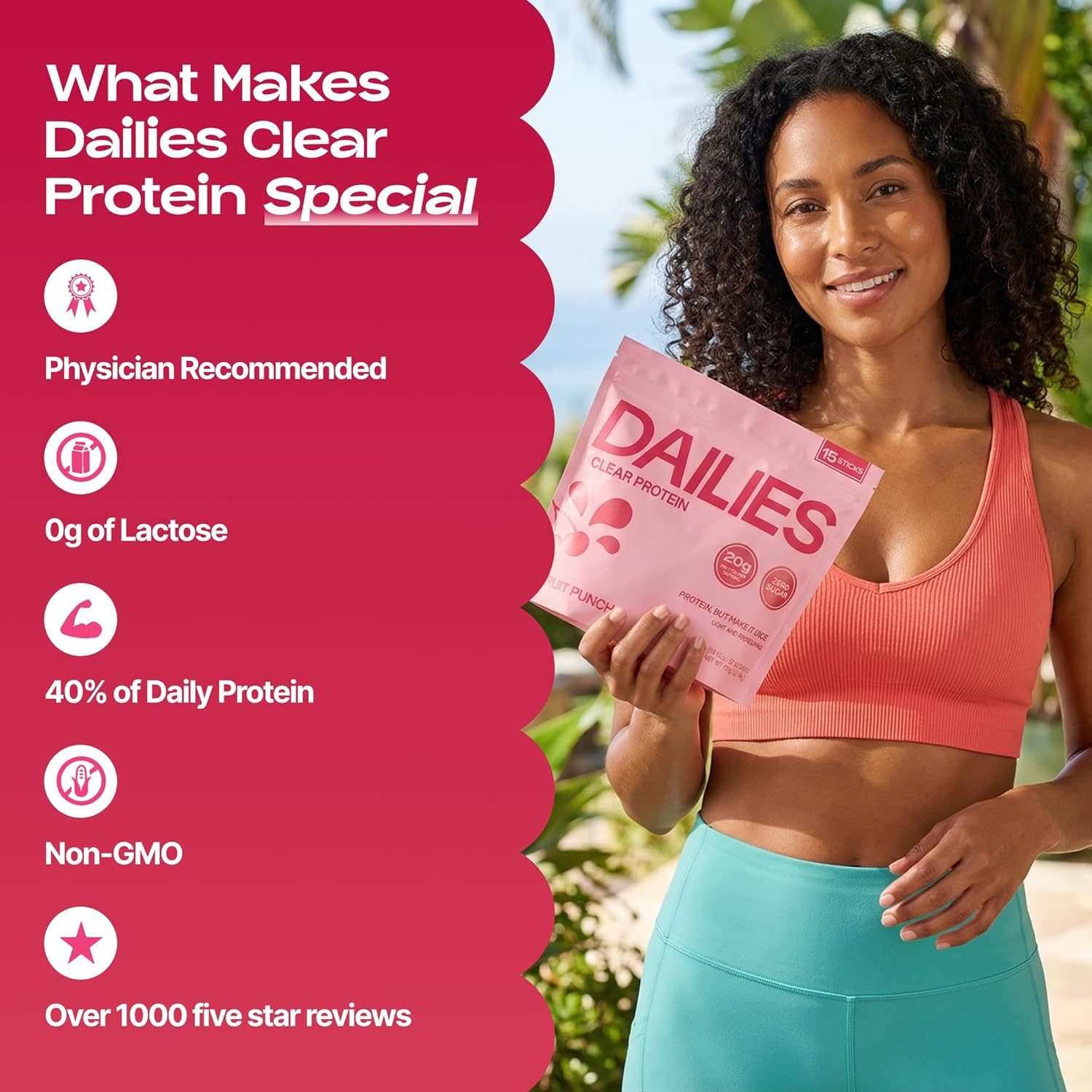 DAILIES Clear Protein Powder, Sugar Free Fruit Punch Flavor, 20g Whey Isolate & 100 Calories per Serving, Light & Refreshing Protein Shake Drink Mix for Pre or Post Workout, 15 On the Go Stick Packs