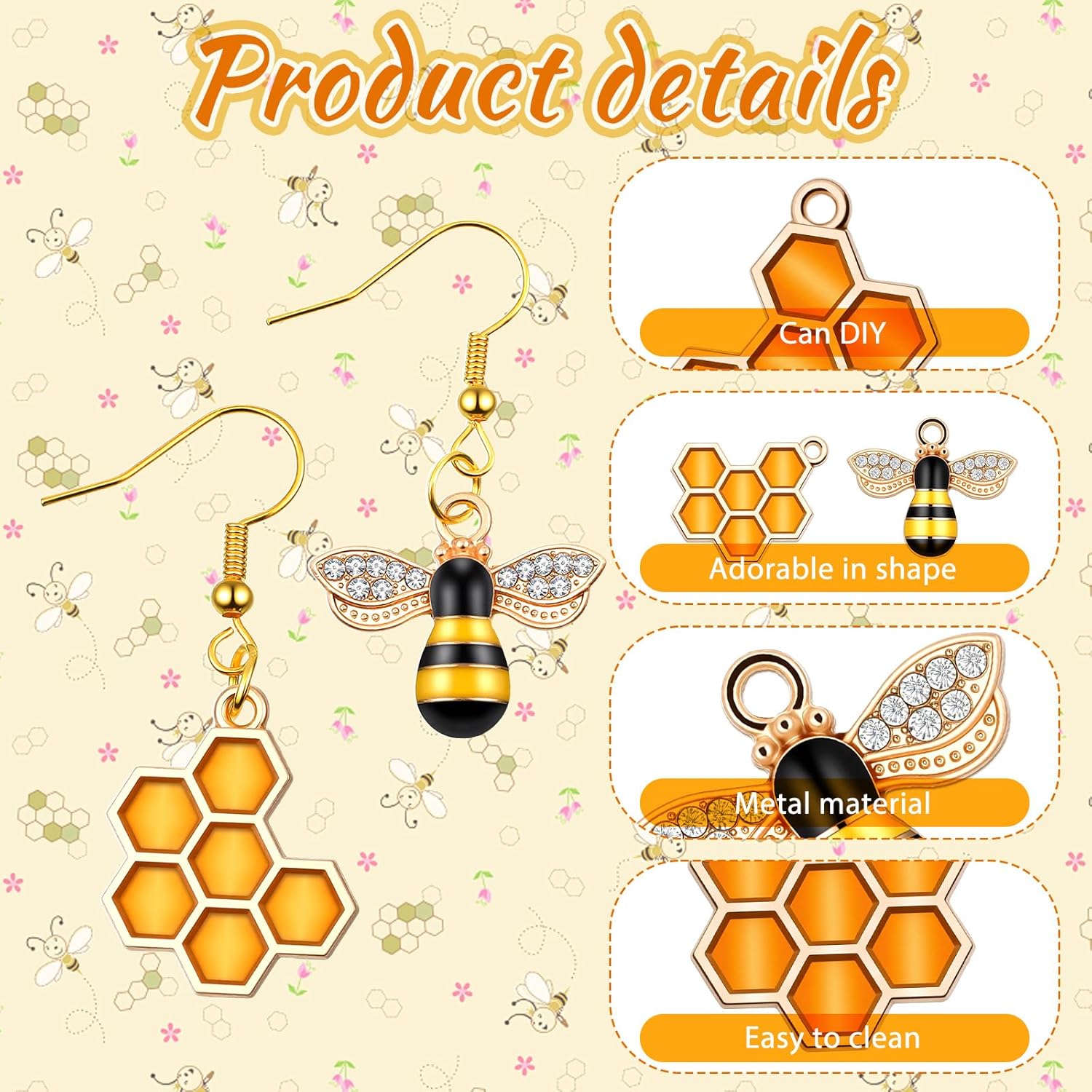 60 PCS Bee Honeycomb Charms, Mini Alloy Bee Charm with Rhinestone Cute Honeycomb Charm for Jewelry Making, DIY Craft, Earring, Necklace, Bracelet, Keychains - Image 3