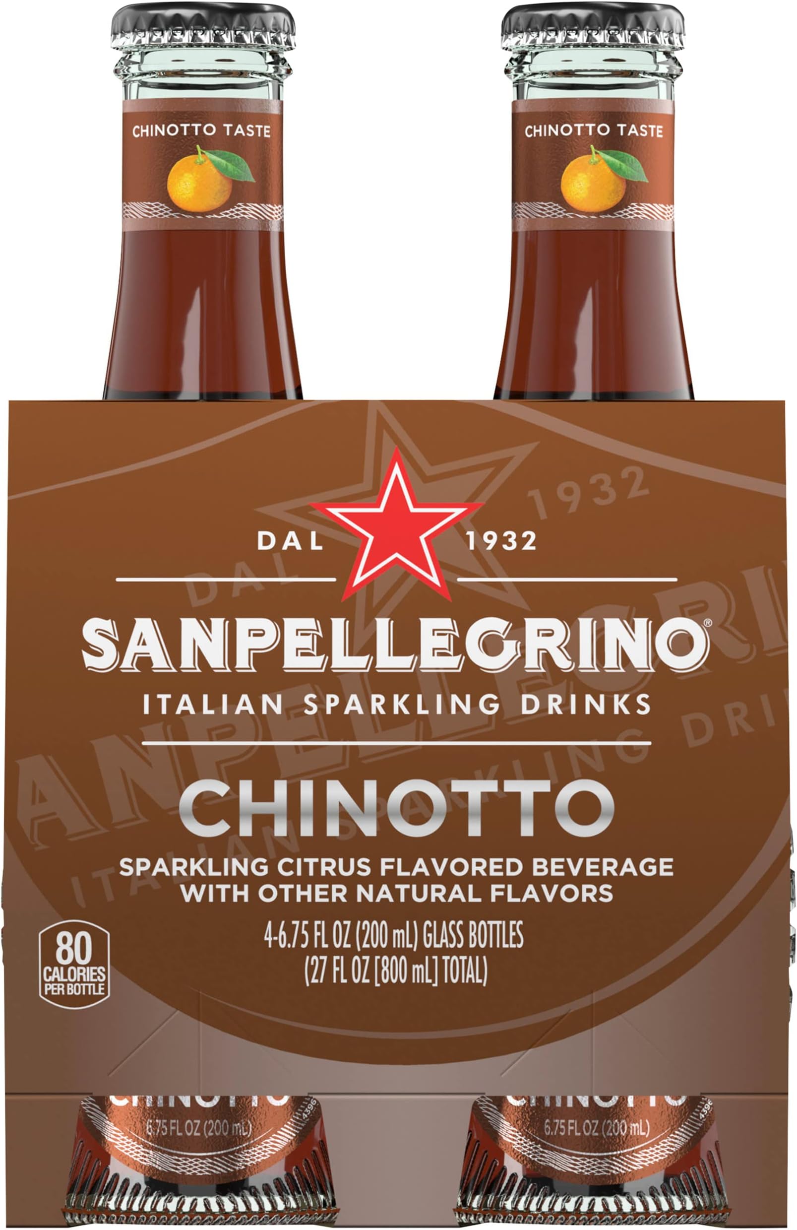 Italian Sparkling Drink Chinotto, Sparkling Citrus Beverage, 4 Pack of 6.75 Fl Oz Bottles