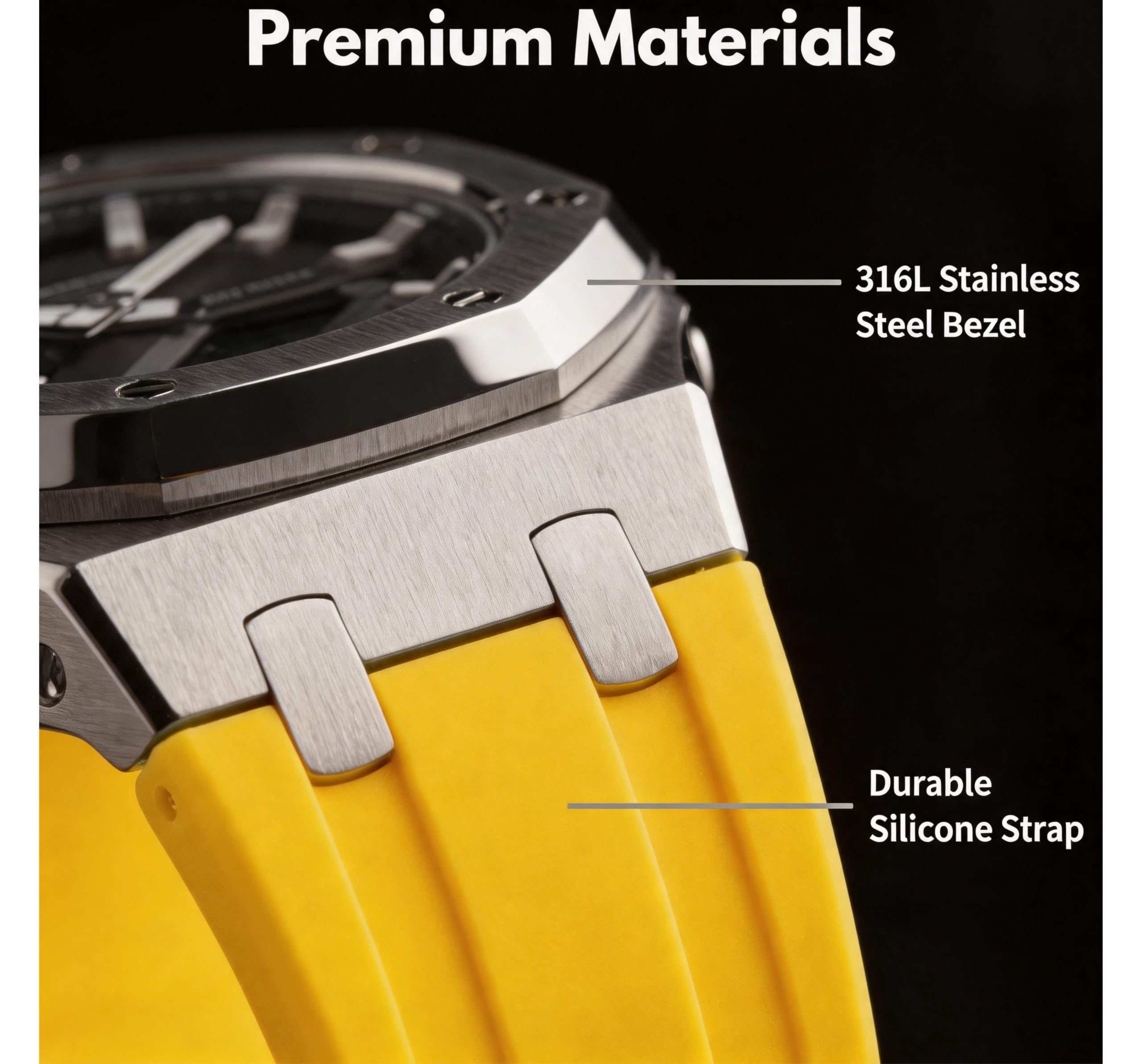 Ricambio Cinturino Silicone con Ghiera Acciaio Inox 316L compatibile con Casio G-Shock GA-2100 / GA-2110 | Giallo