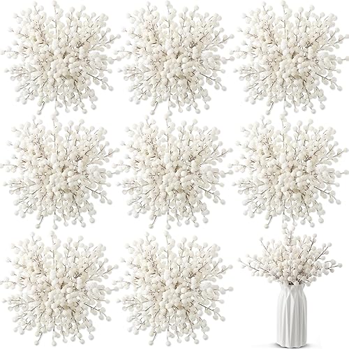 50 púas artificiales de tallo de bayas de acebo con copos de nieve esmerilados de ramas de árbol de Navidad, adornos de ramas de bayas nevadas para