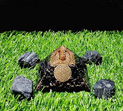 Miniatura 6 de Combo de pirámide de cristal orgón de turmalina negra con símbolo de flor de la vida y 4 piezas de turmalina negra natural en bruto para generador