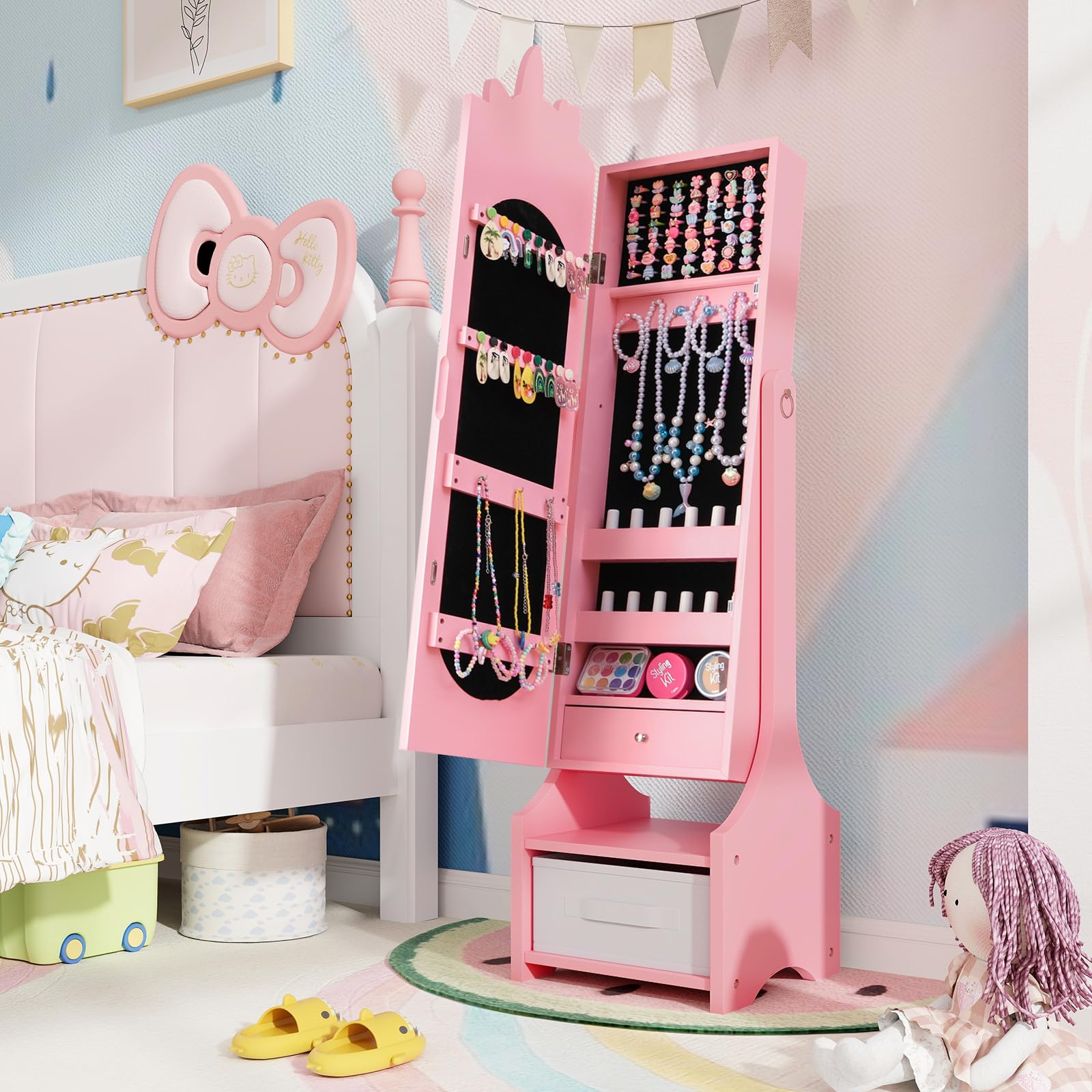 GYMAX Armadio Gioielli per Bambini, Specchio a Figura Intera con 2 Angoli Regolabili, Organizzatore di Gioielli da Principessa con Cassetto per Camera da Letto, Cameretta, 31,5 x 30 x 115cm (Rosa)