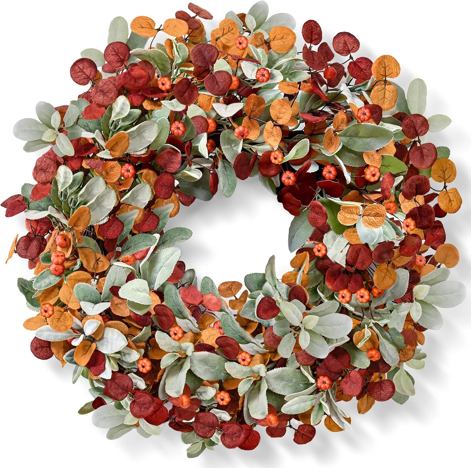 Fall Decor, 26 Inch Fall Wreaths for Front Door, Autumn Door Wreath with Lambs Ears Leave Eucalyptus Leaves Pumpkin Thanksgiving Harvest Halloween Farmhouse Home Outdoor Porch Indoor Decor
