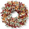 22'' Fall Wreaths for Front Door, Autumn Door Wreath with Eucalyptus Leave | Thanksgiving Door Wreath with Lambs Ears Leaves Pumpkin for Harvest Halloween Farmhouse Home Outdoor Porch Indoor Decor