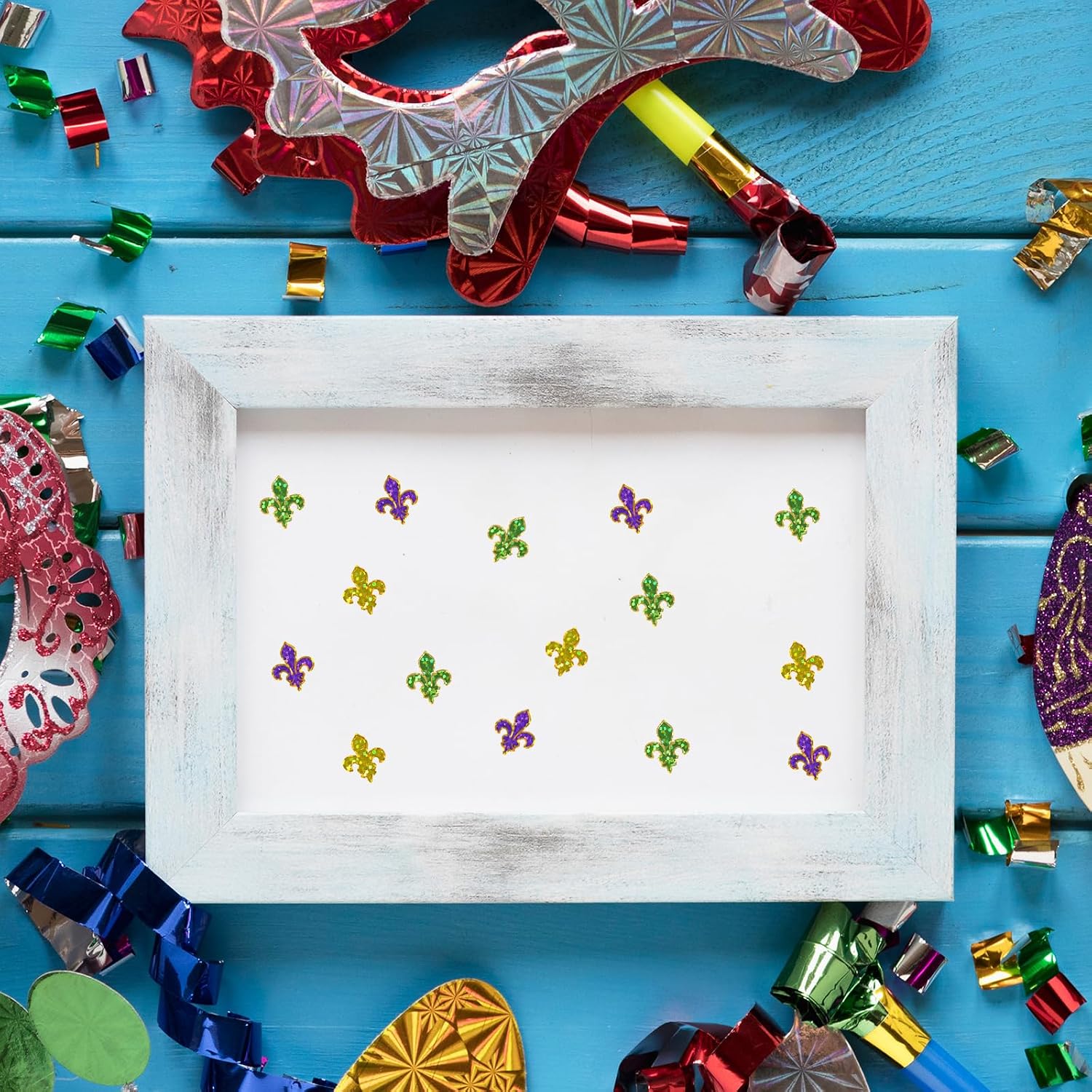 JarThenaAMCS 2400 Pcs Mardi Gras Mini Stickers Purple Yellow Green Sparkly Laser Fleur De Lis Self-Adhesive Sticker Decals for Envelope Journal Decor Carnival Party Supplies, 0.5 Inch