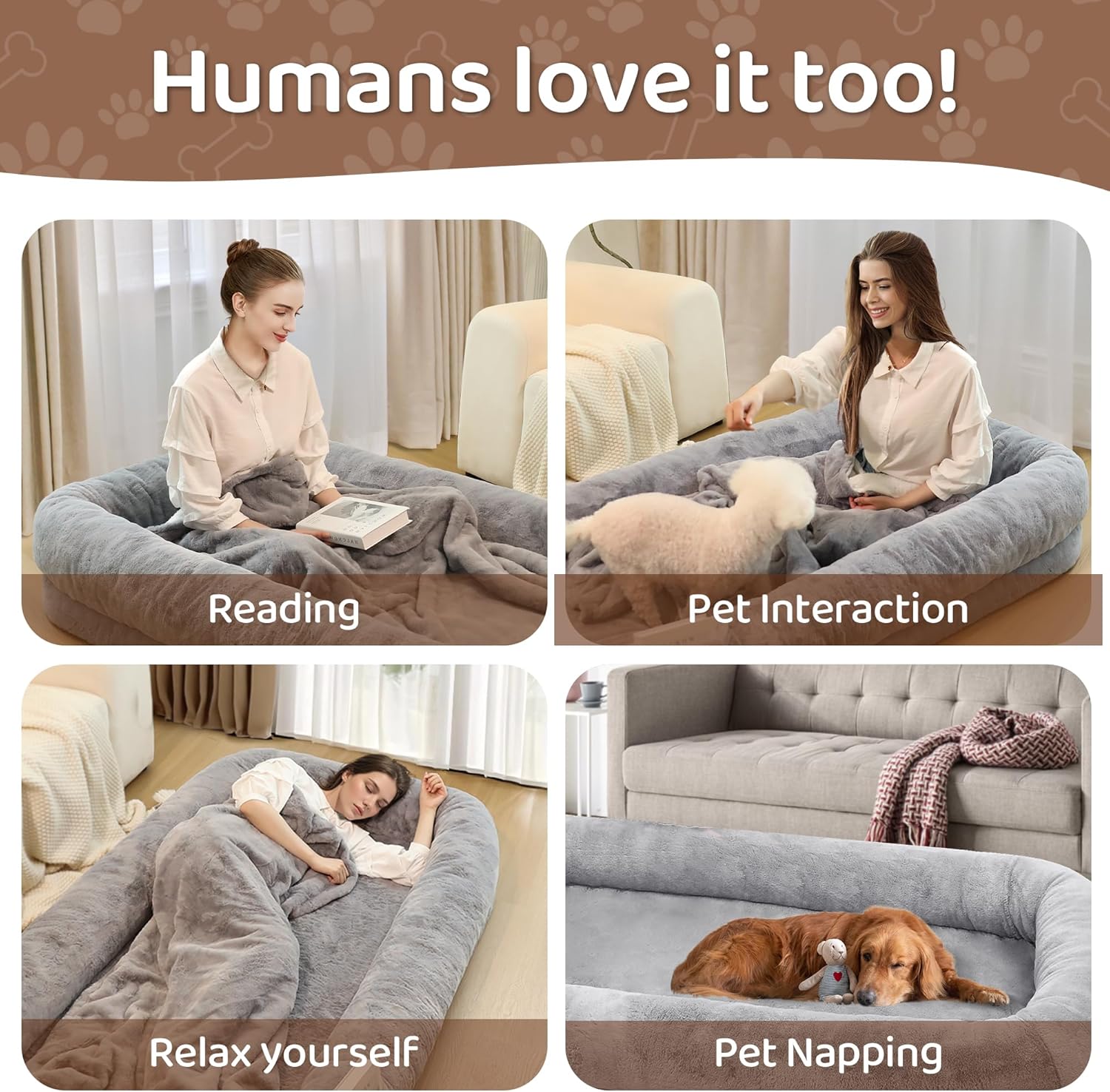 Kromax Large Human Dog Bed for Adults, 71"x43"x10" Cozy Human Sized Pet Bed, Orthopedic & Washable Cover, Non-Slip Comfortable Lounger for People and Pets, Light Grey