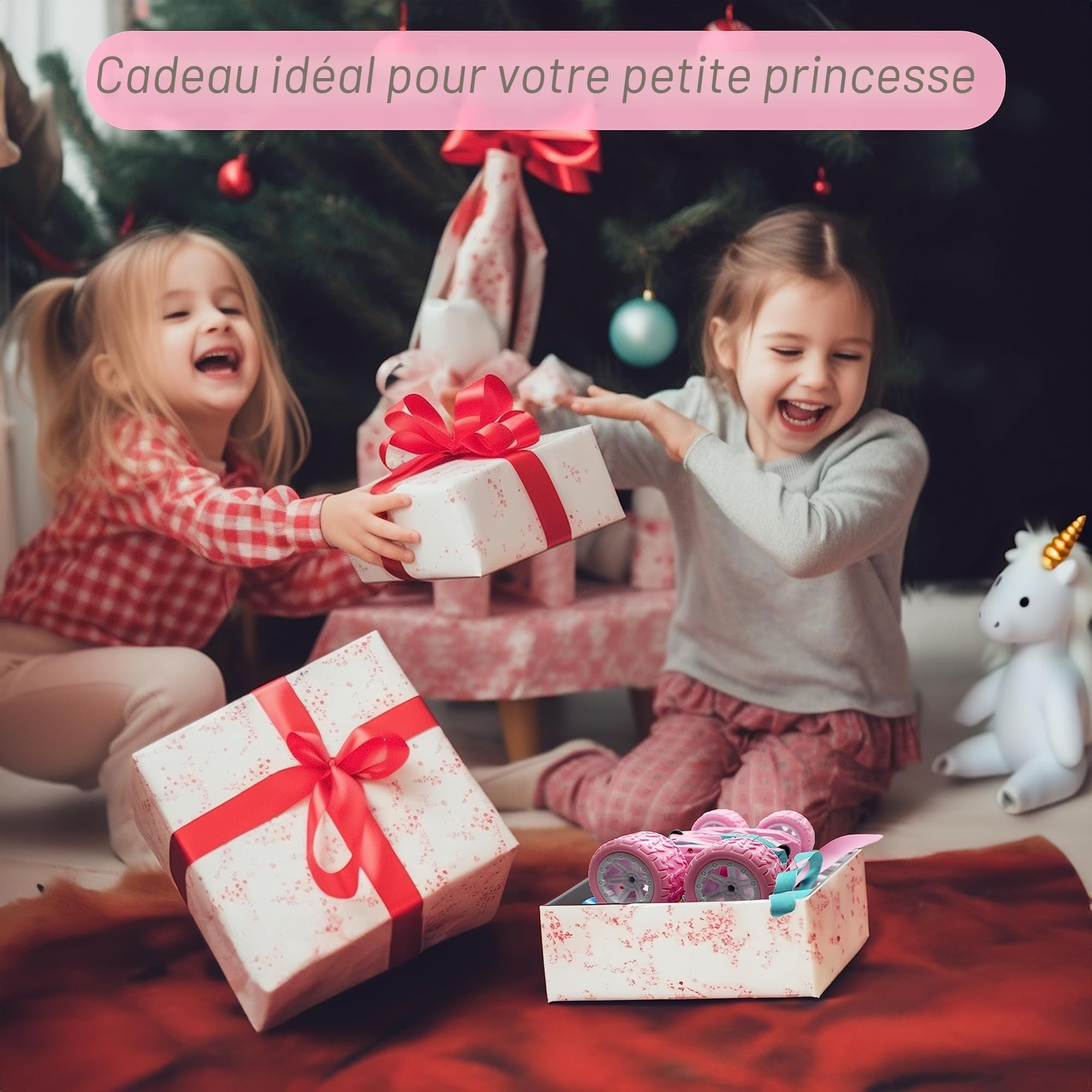 Voiture Télécommandée,4WD Licorne Rose Voiture Telecommandé Enfant Fille 3 4 5 6 7 8 9 10 Ans Aves Radiocommandée et 2 Piles, RC 360° Flip Rotatif et Lumière,Jouet Cadeau Fille 3-12 Ans