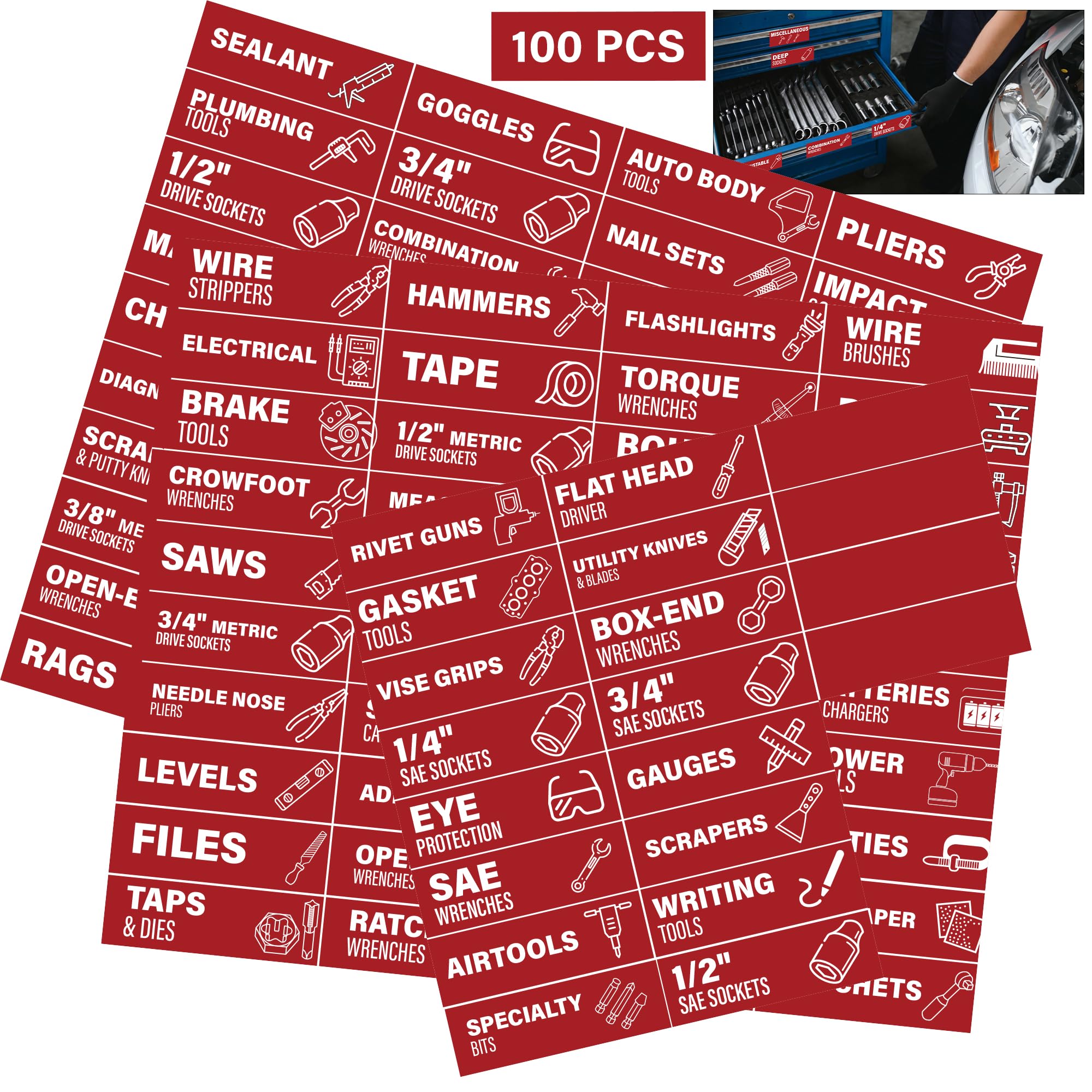 100 Red Magnetic Tool Box Labels with Icons & 4 Blanks, Pre-Printed Tool Chest Drawer Markers, High Visibility Magnet Tags for Steel Cabinet