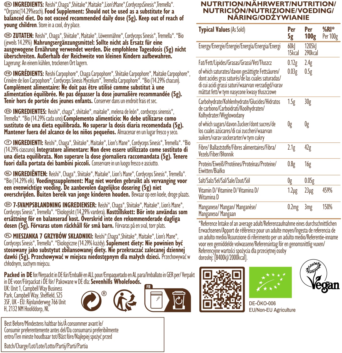Sevenhills Wholefoods Mezcla de Siete Setas Orgánico En Polvo (Reishi, Chaga, Shiitake, Maitake, Melena De León, Cordyceps, Tremella) 500g