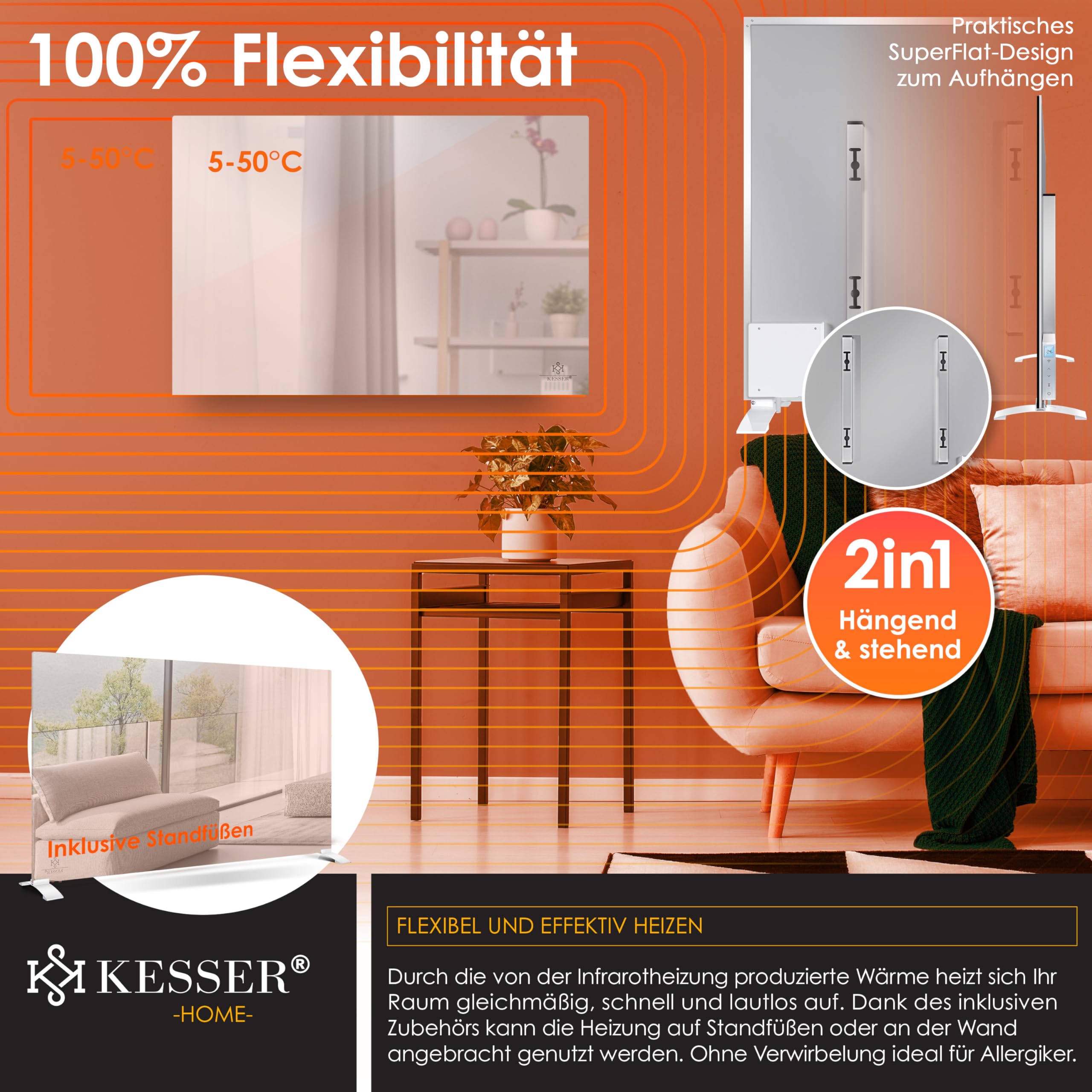 KESSER® Calefacción por infrarrojos, 500 W, ahorro de energía, 2 en 1, dispositivo de pie y montaje en pared, calefacción eléctrica con detección de ventana abierta + mando a distancia y control por