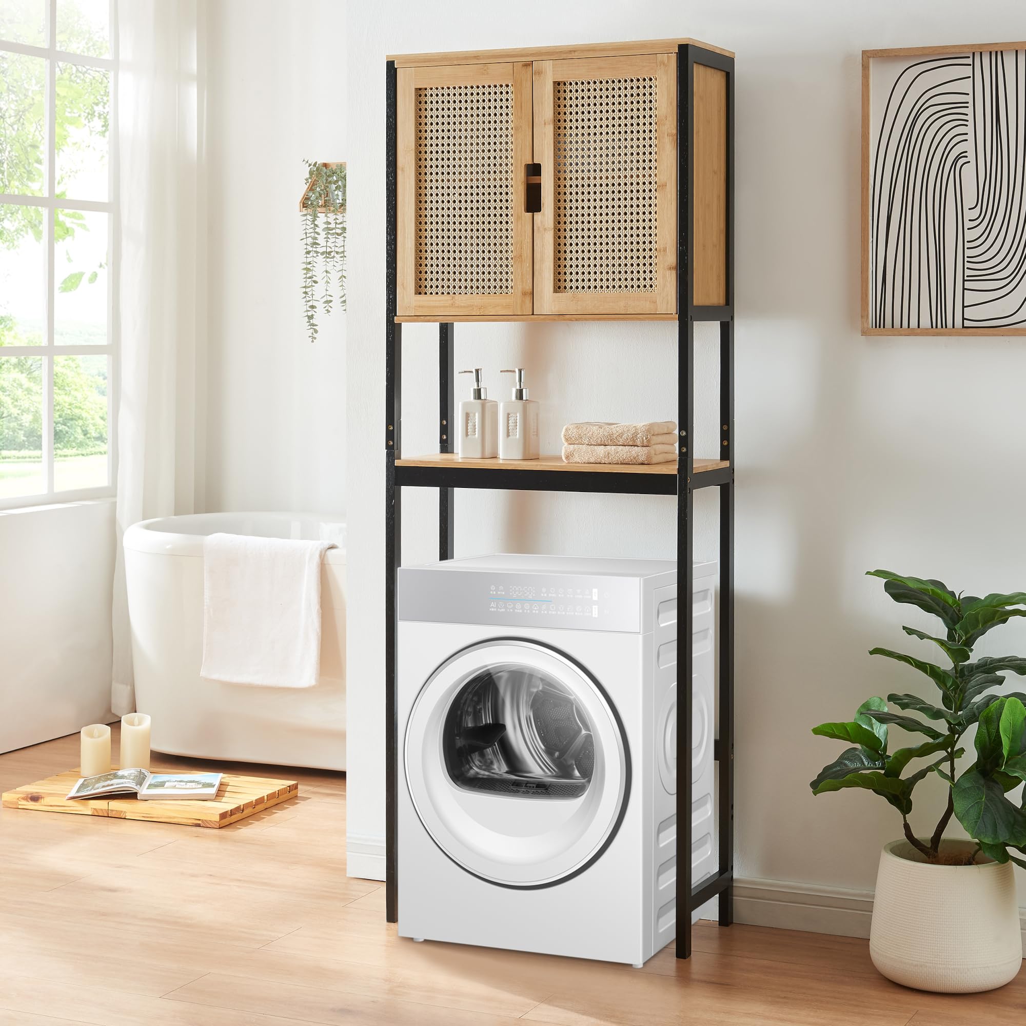 [en.casa] Toilettenregal Tervola Toilettenschrank Waschmaschinenschrank mit 2 Türen in Rattanoptik 172 x 63 x 27 cm Badregal Bambus Überbauschrank Schwarz und Naturfarben